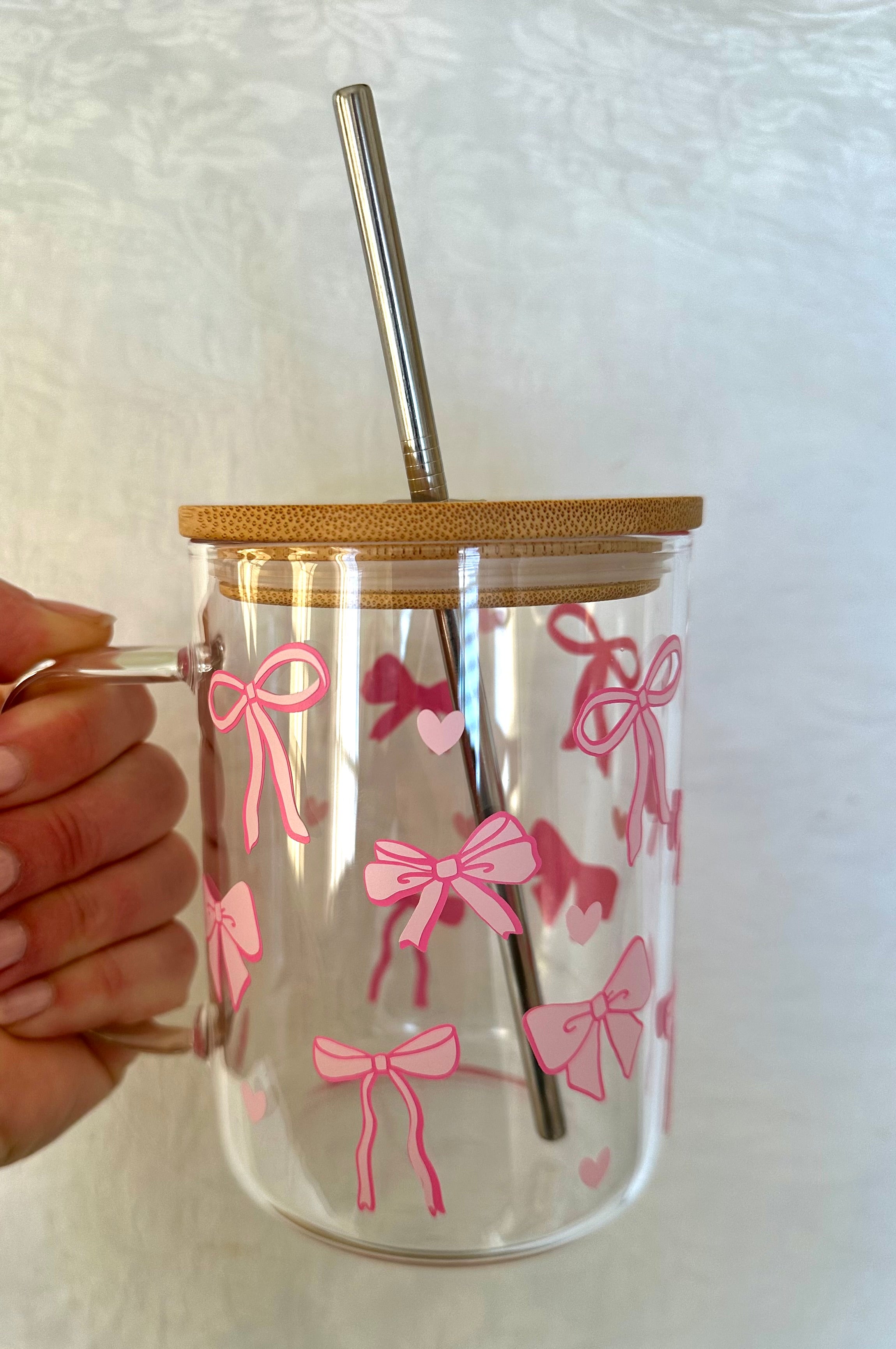 Pink Bow Glass Mug With Bamboo Lid & Metal Straw