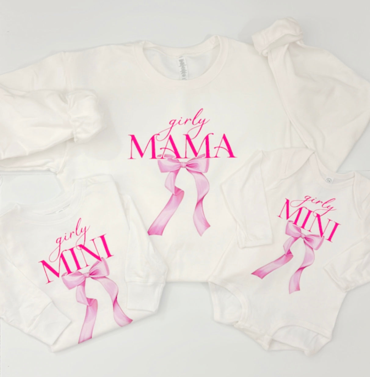 Girly Pink Mama and Girly Mini Matching White Long Sleeve Shirt Set