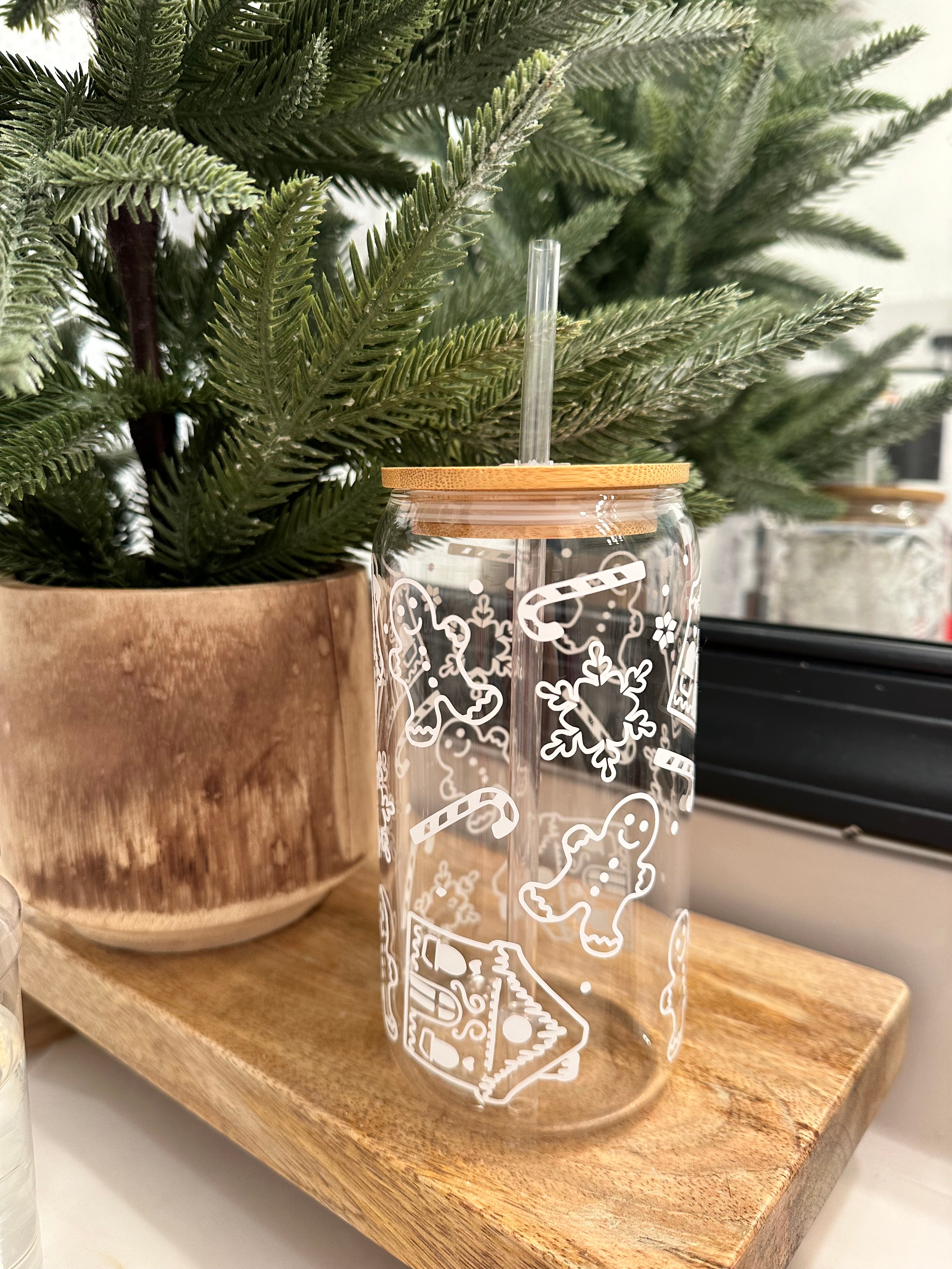 Gingerbread House and Christmas Tree Glass Coffee Cup With Bamboo Lid and Glass Straw