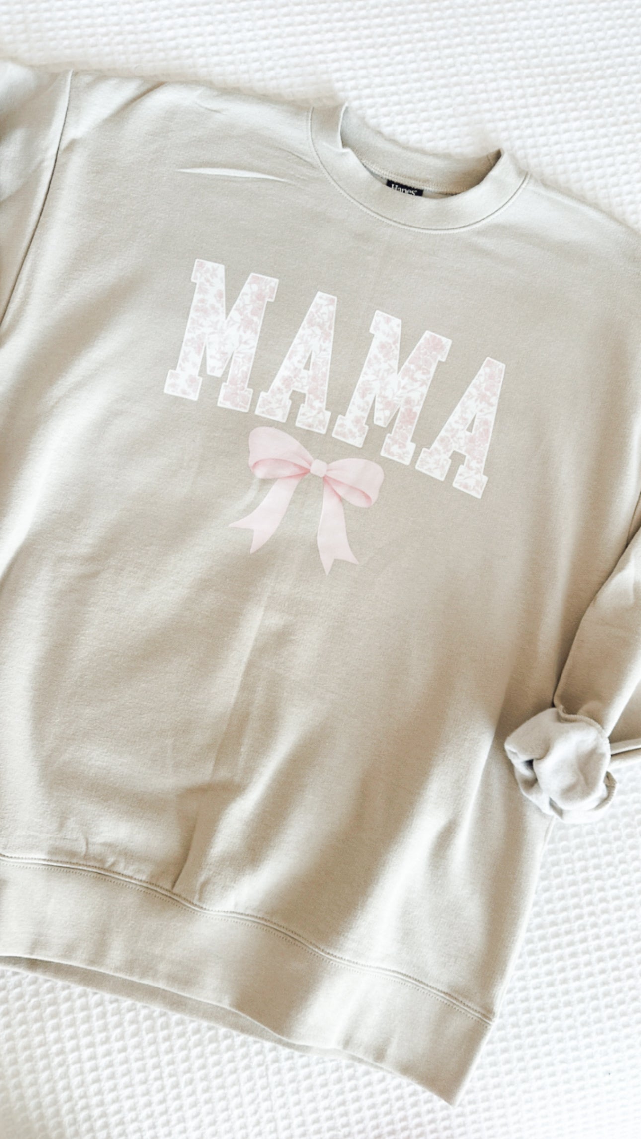 Mama Tan and Pastel Pink Floral Bow Crewneck