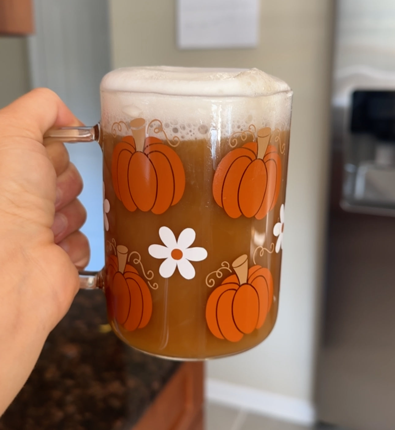 Fall Pumpkin Glass Iced Coffee Cup With Handle, Lid, and Straw