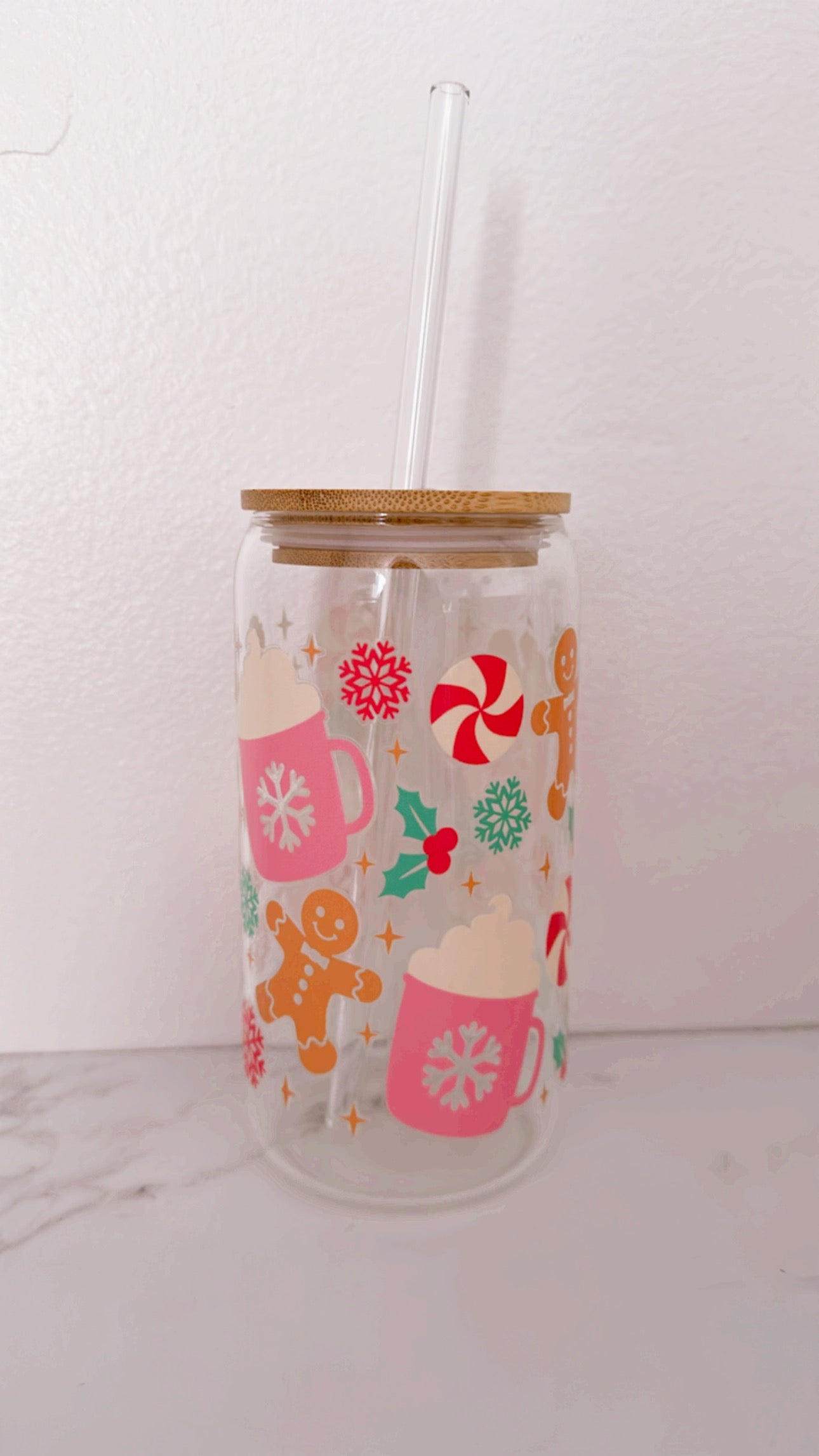 Gingerbread Christmas Tree Glass Coffee Cup with Bamboo Lid and Glass Straw