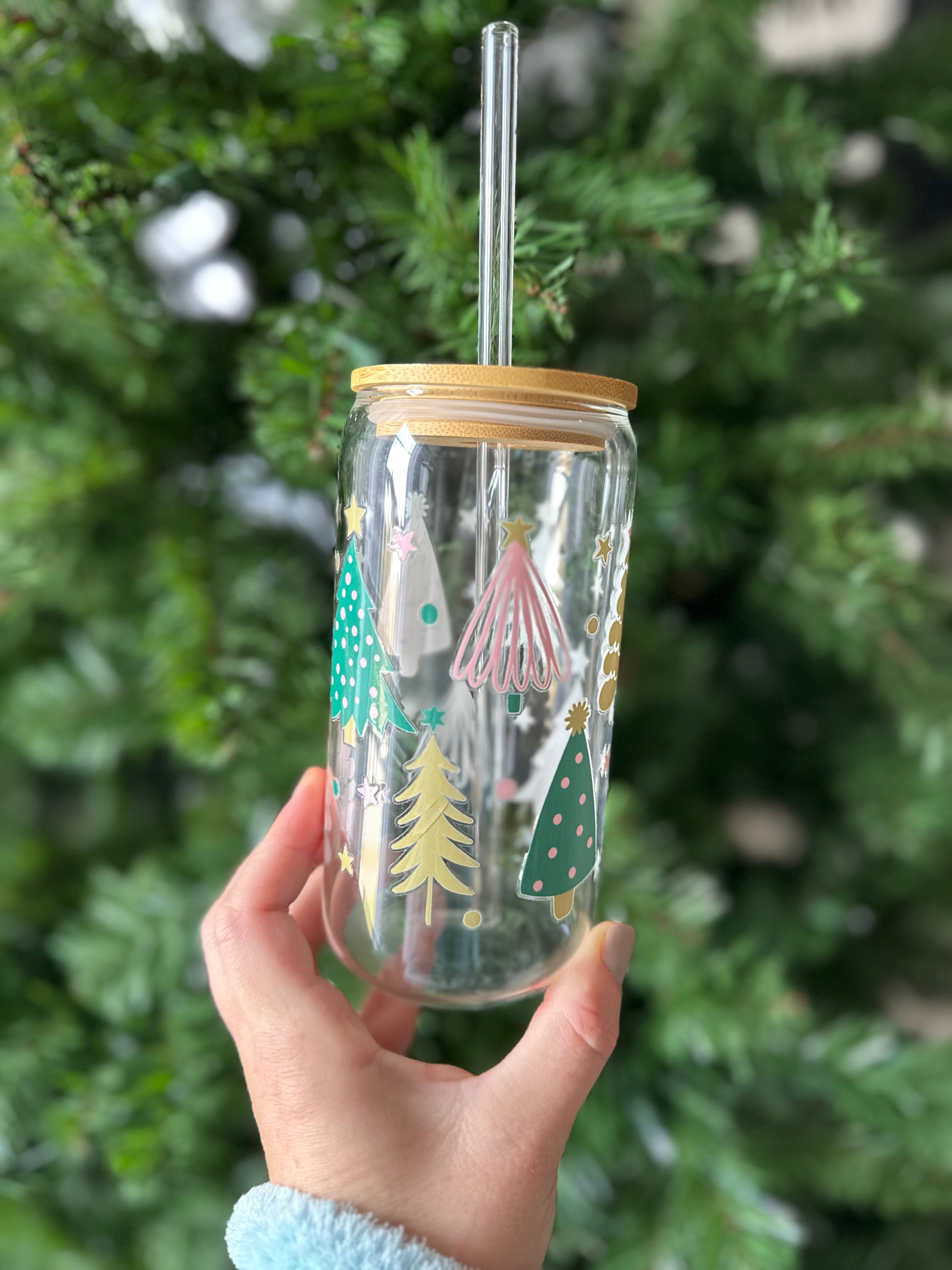 Christmas Tree Glass Coffee Cup With Bamboo Lid and Glass Straw