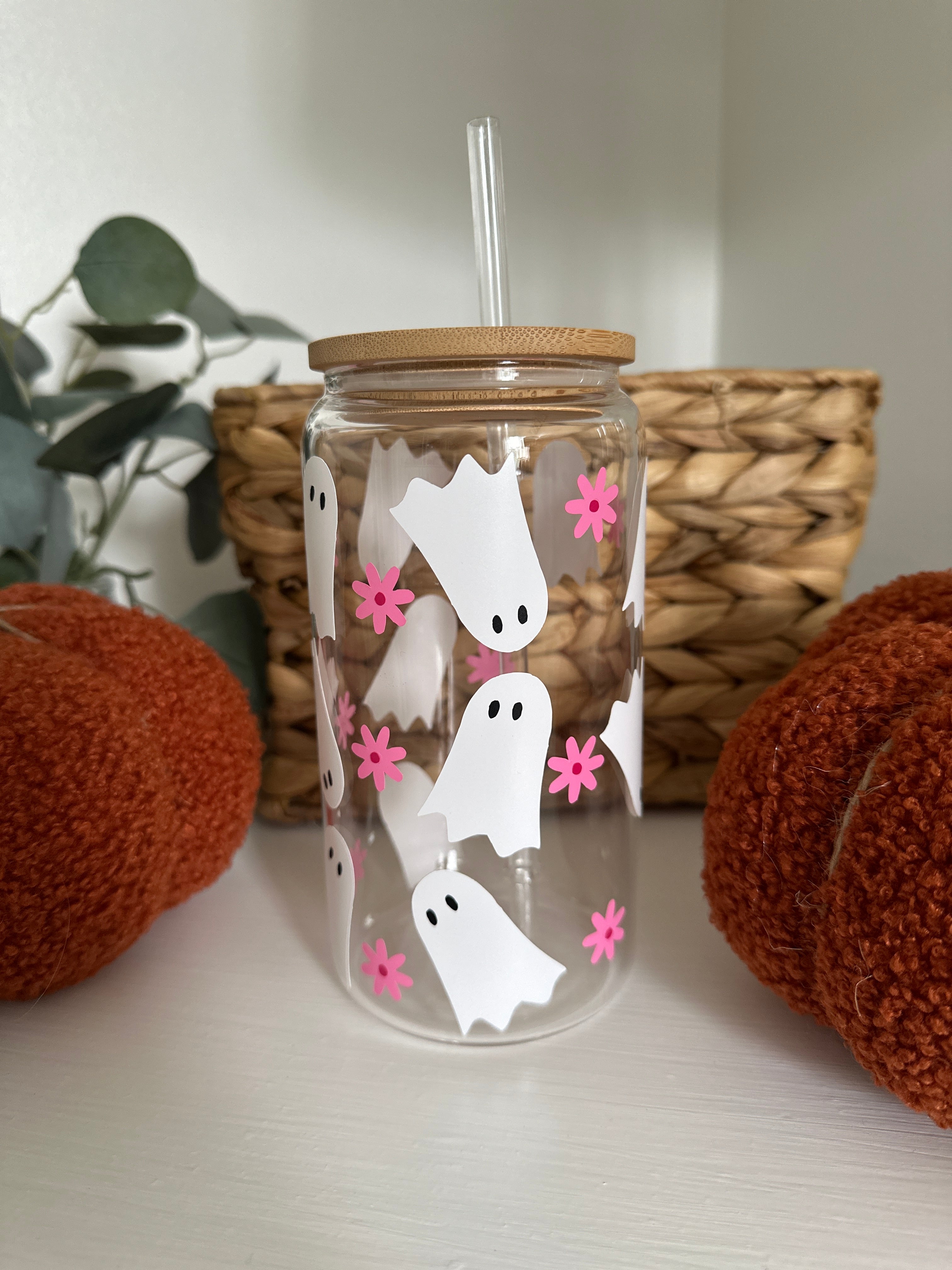 Pink Ghost Halloween Glass Iced Coffee Cup With Bamboo Lid & Glass Straw