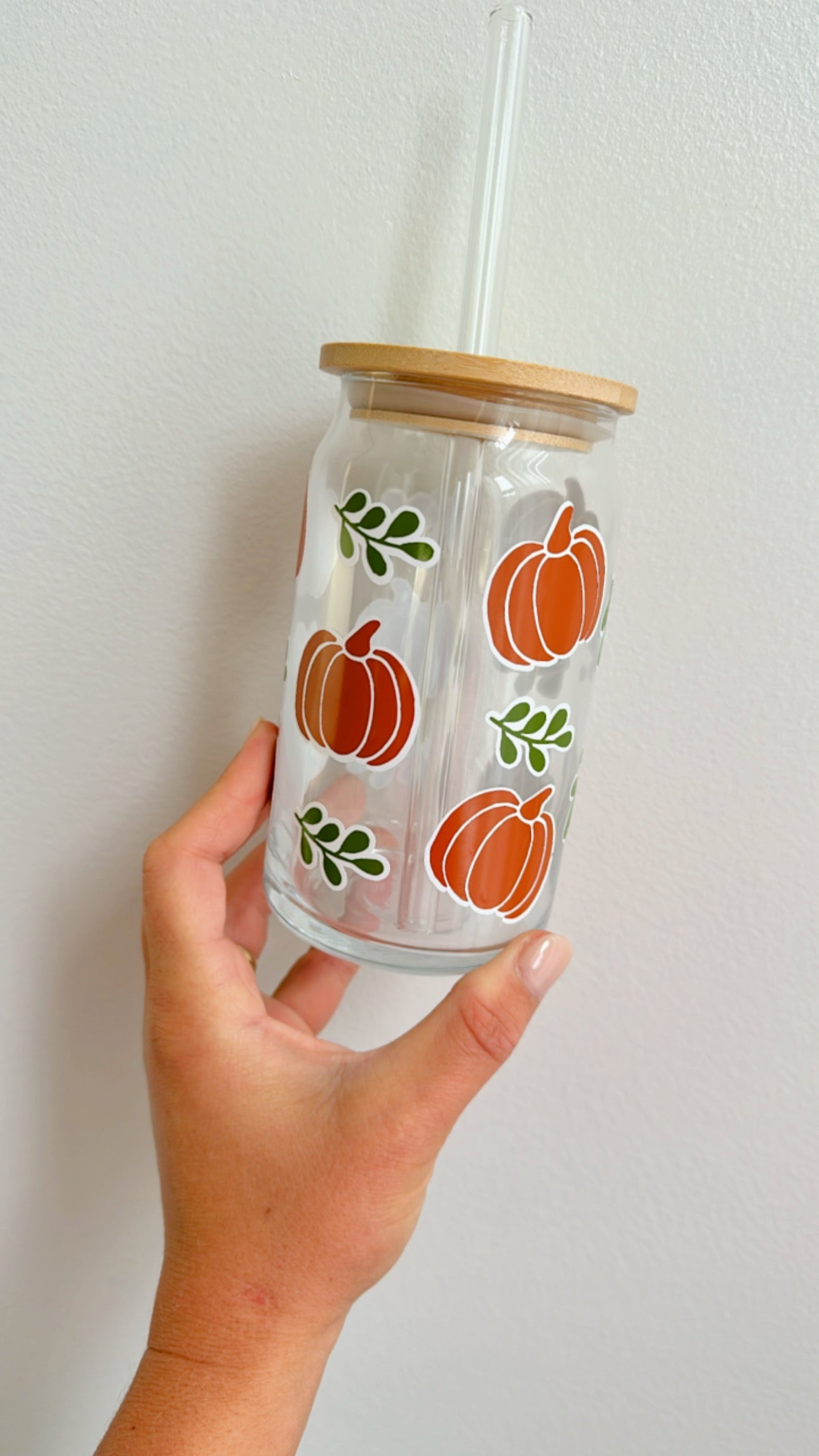 Fall Pumpkin Glass Iced Coffee Cup With Bamboo Lid & Glass Straw