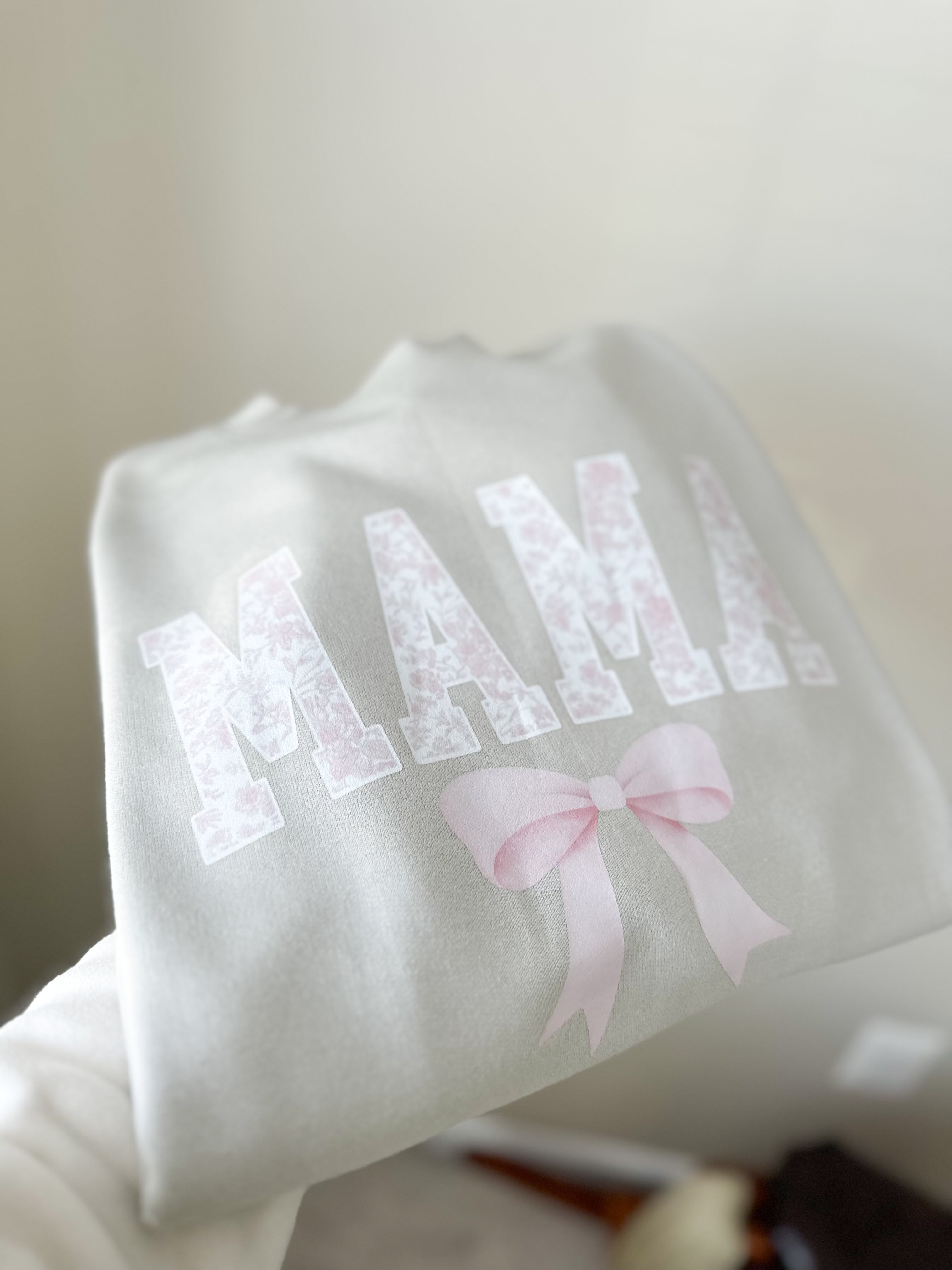 Mama Tan and Pastel Pink Floral Bow Crewneck