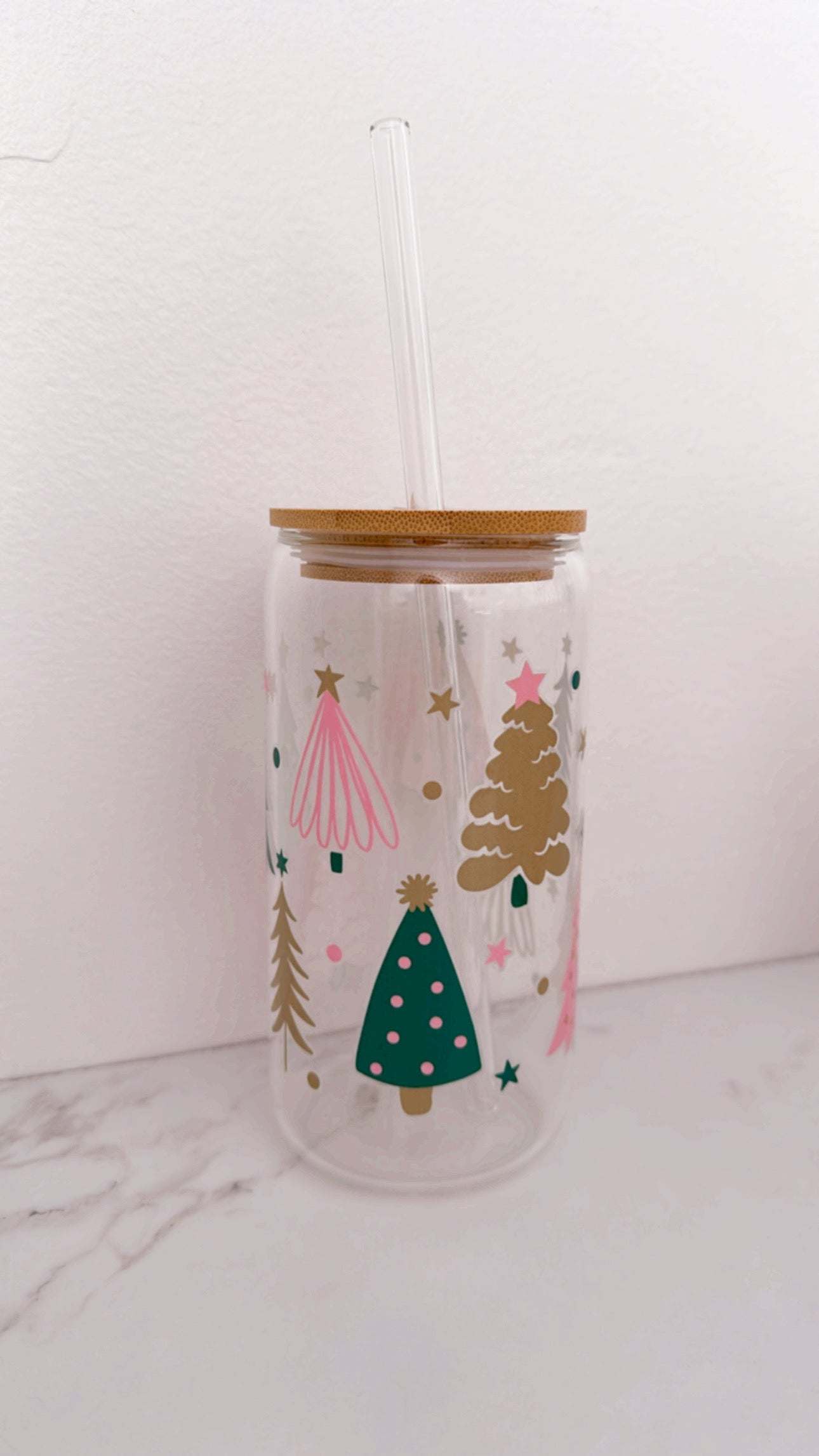Christmas Tree Glass Coffee Cup With Bamboo Lid and Glass Straw
