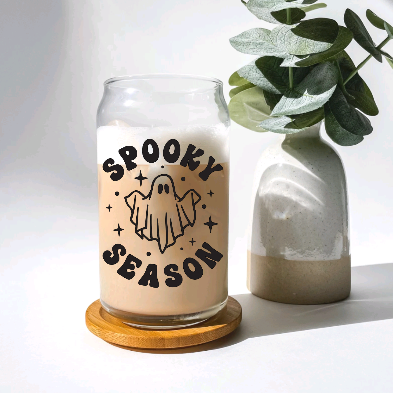 Spooky Season Ghost Halloween Glass Iced Coffee Cup With Bamboo Lid & Glass Straw