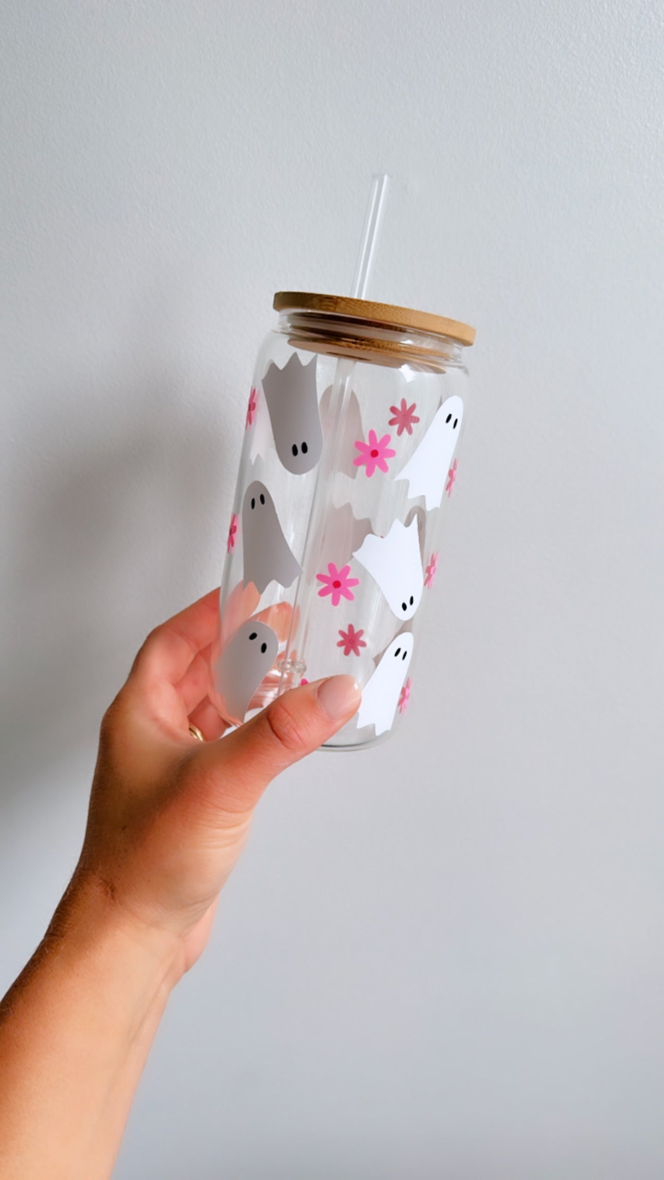 Pink Ghost Halloween Glass Iced Coffee Cup With Bamboo Lid & Glass Straw