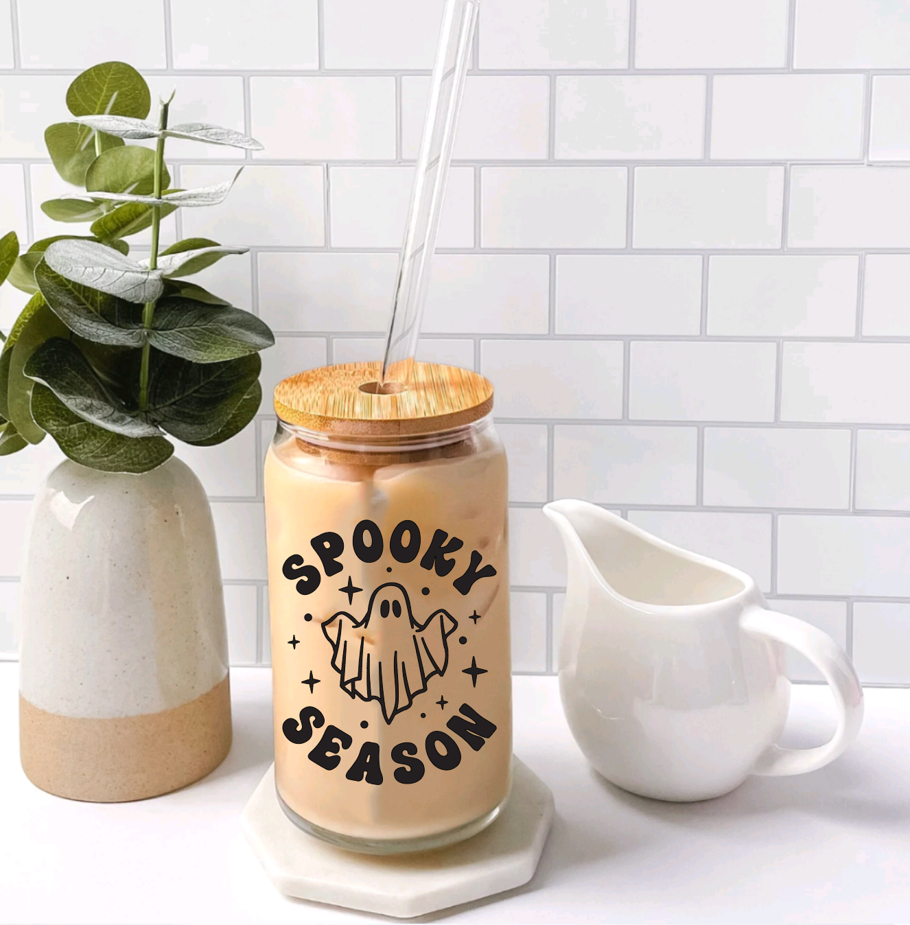 Spooky Season Ghost Halloween Glass Iced Coffee Cup With Bamboo Lid & Glass Straw