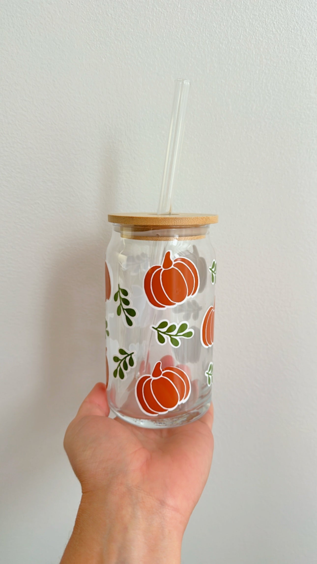 Fall Pumpkin Glass Iced Coffee Cup With Bamboo Lid & Glass Straw