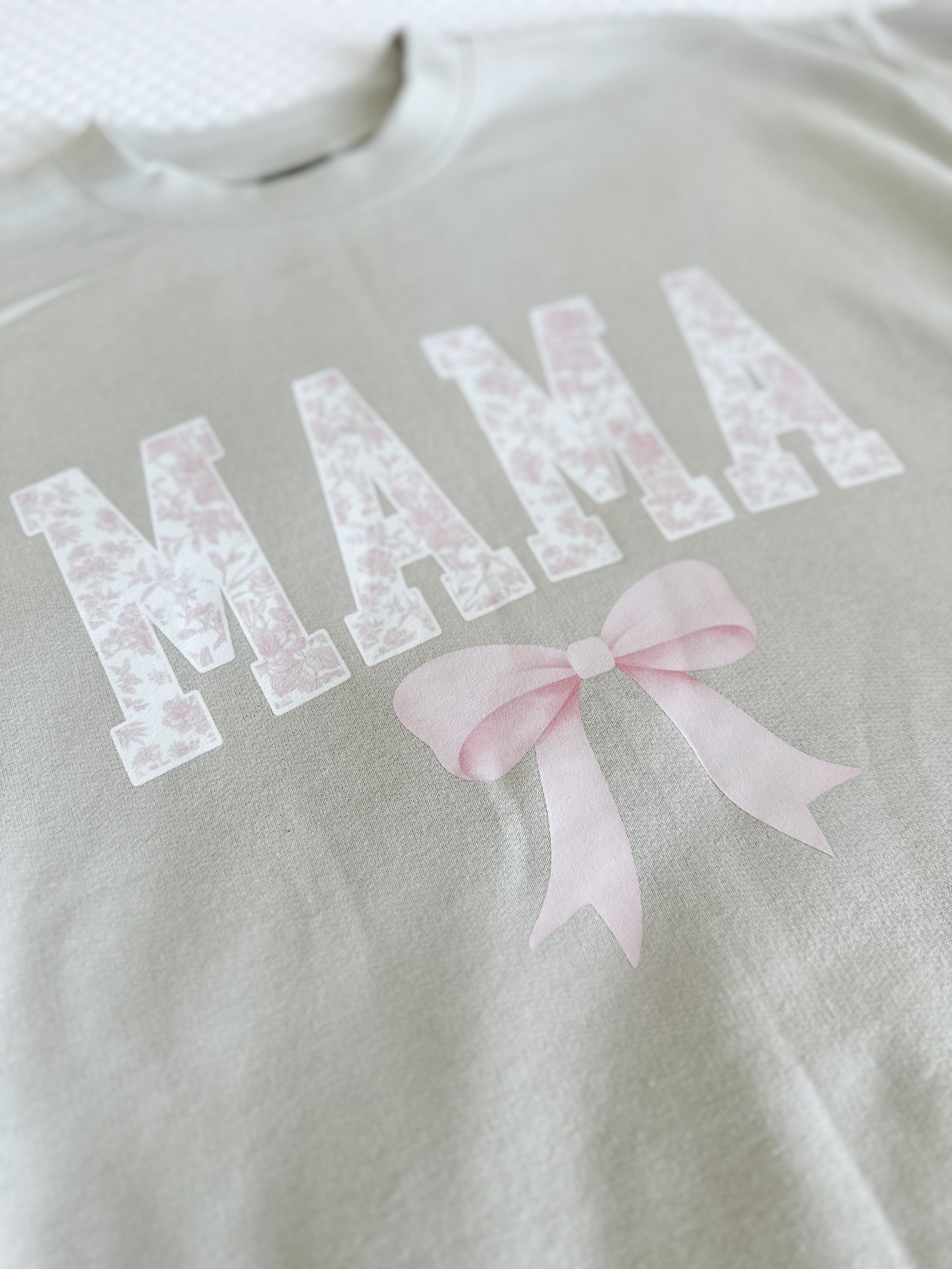 Mama Tan and Pastel Pink Floral Bow Crewneck