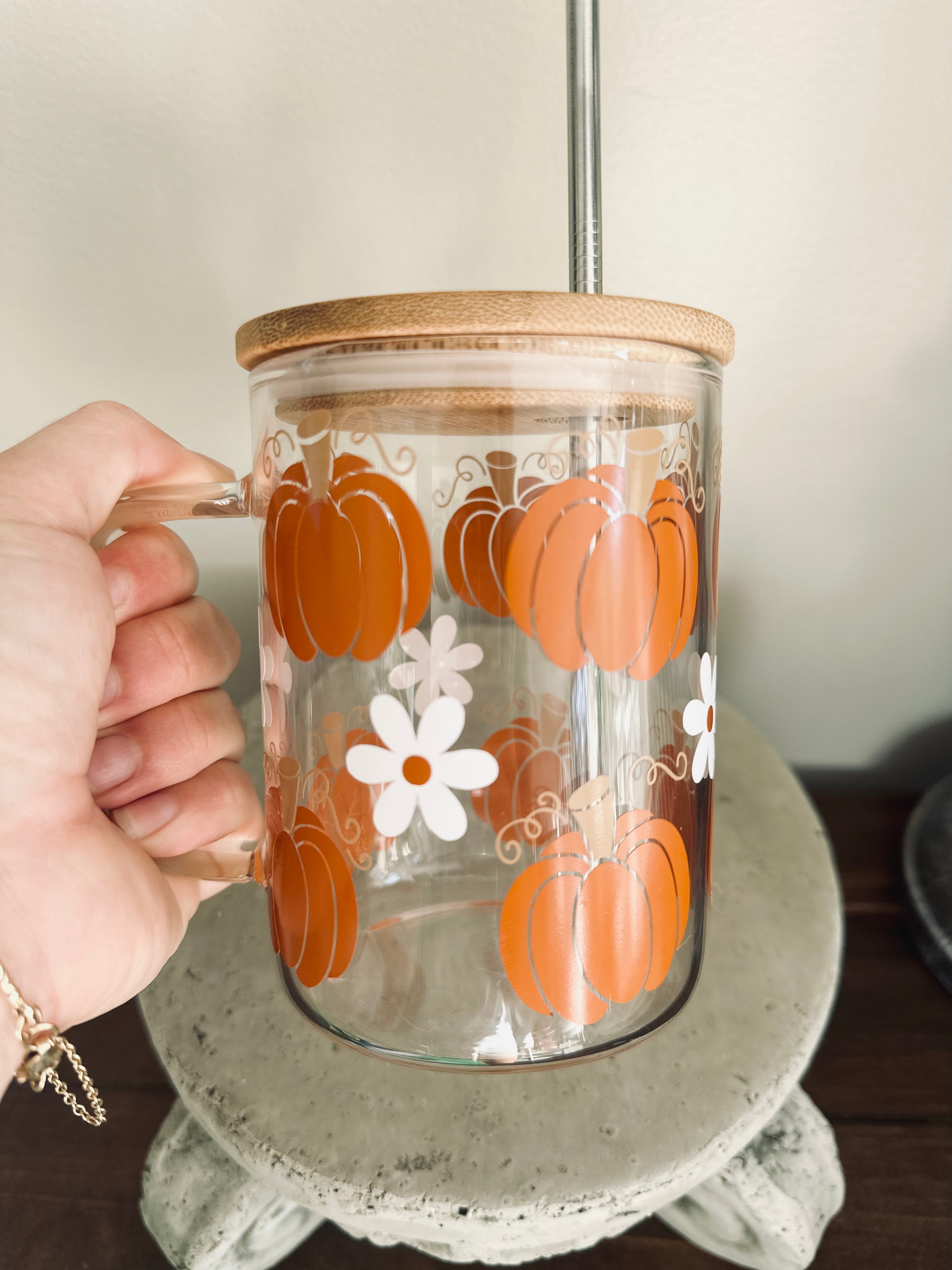 Fall Pumpkin Glass Iced Coffee Cup With Handle, Lid, and Straw