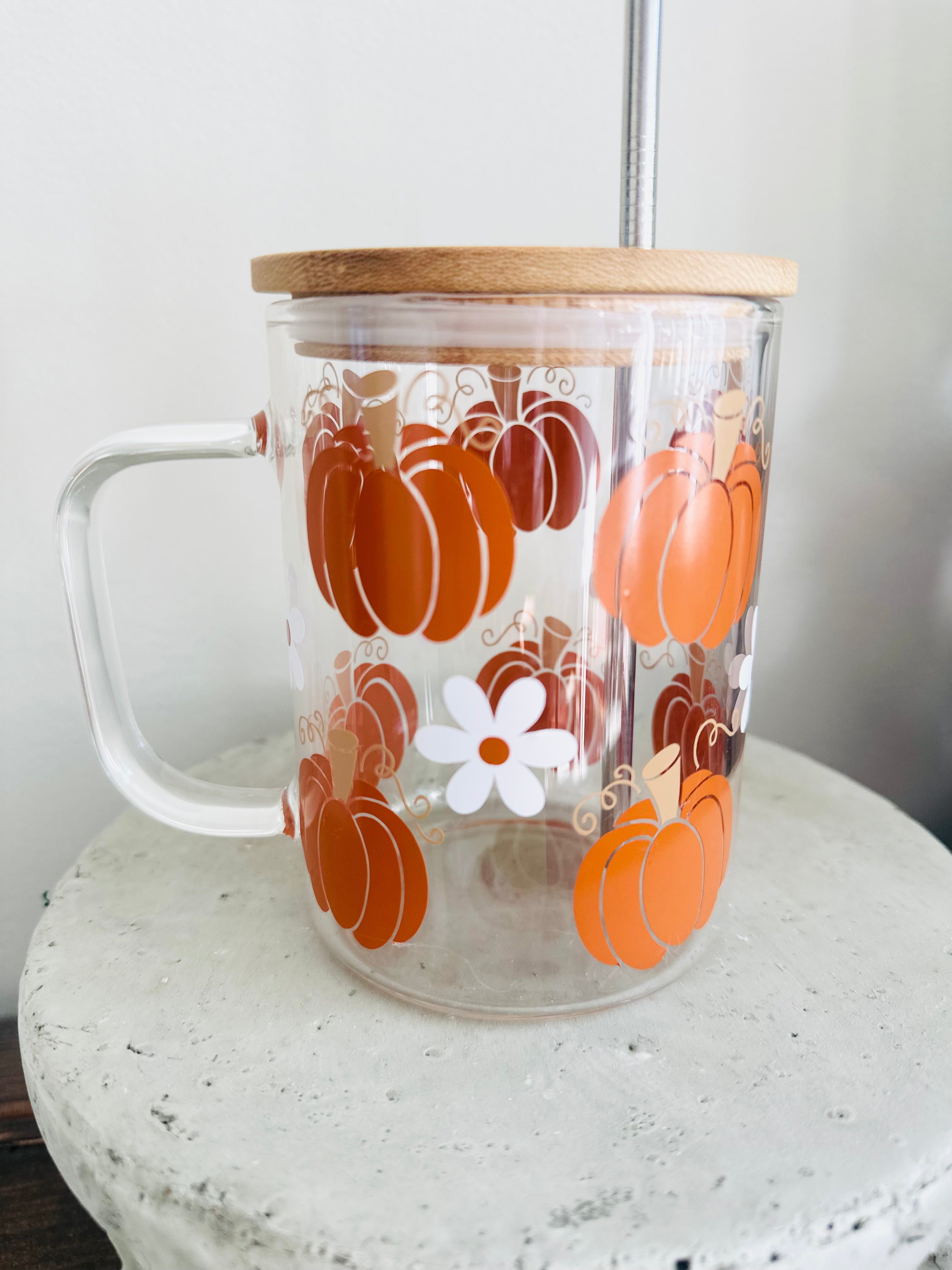 Fall Pumpkin Glass Iced Coffee Cup With Handle, Lid, and Straw