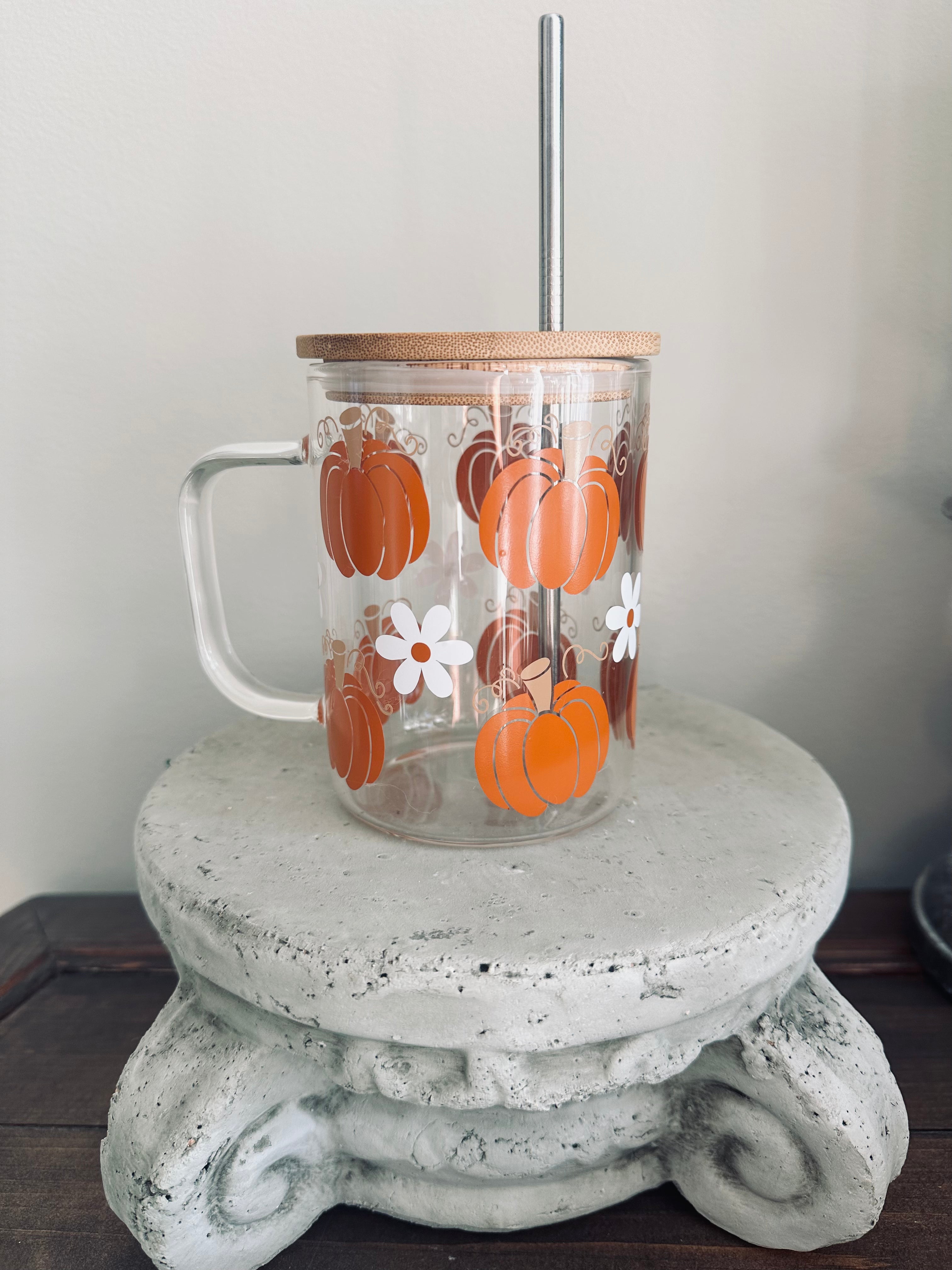 Fall Pumpkin Glass Iced Coffee Cup With Handle, Lid, and Straw