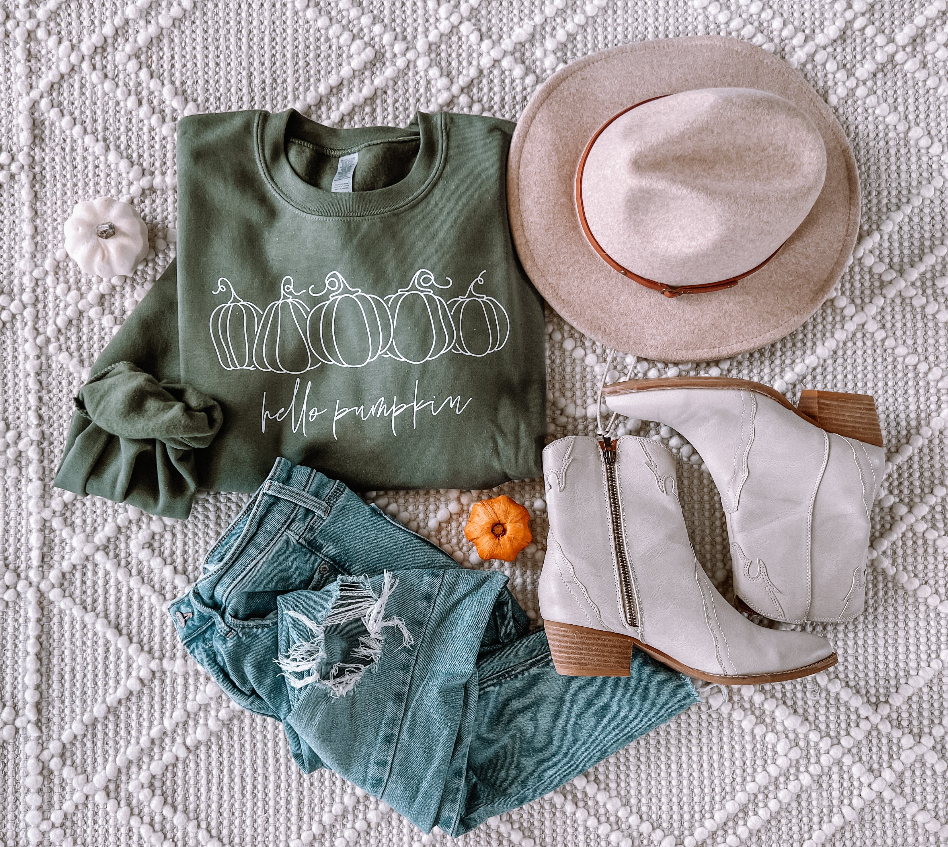 Hello Pumpkin Olive Green Fall Crewneck