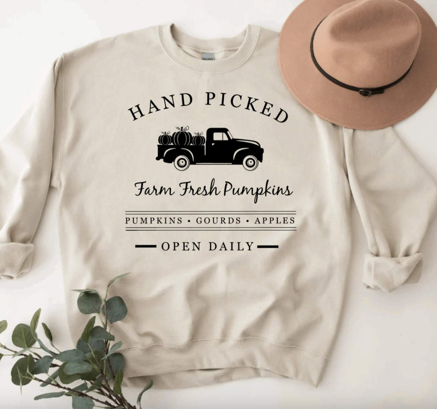 Hand Picked Farm Fresh Pumpkins Tan Country Crewneck