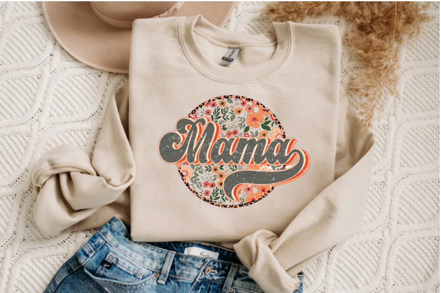 Mama Floral Tan and Olive Green Crewneck