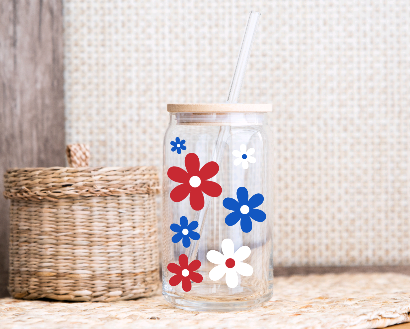 Fourth of July Glass Cup With Bamboo Lid & Glass Straw