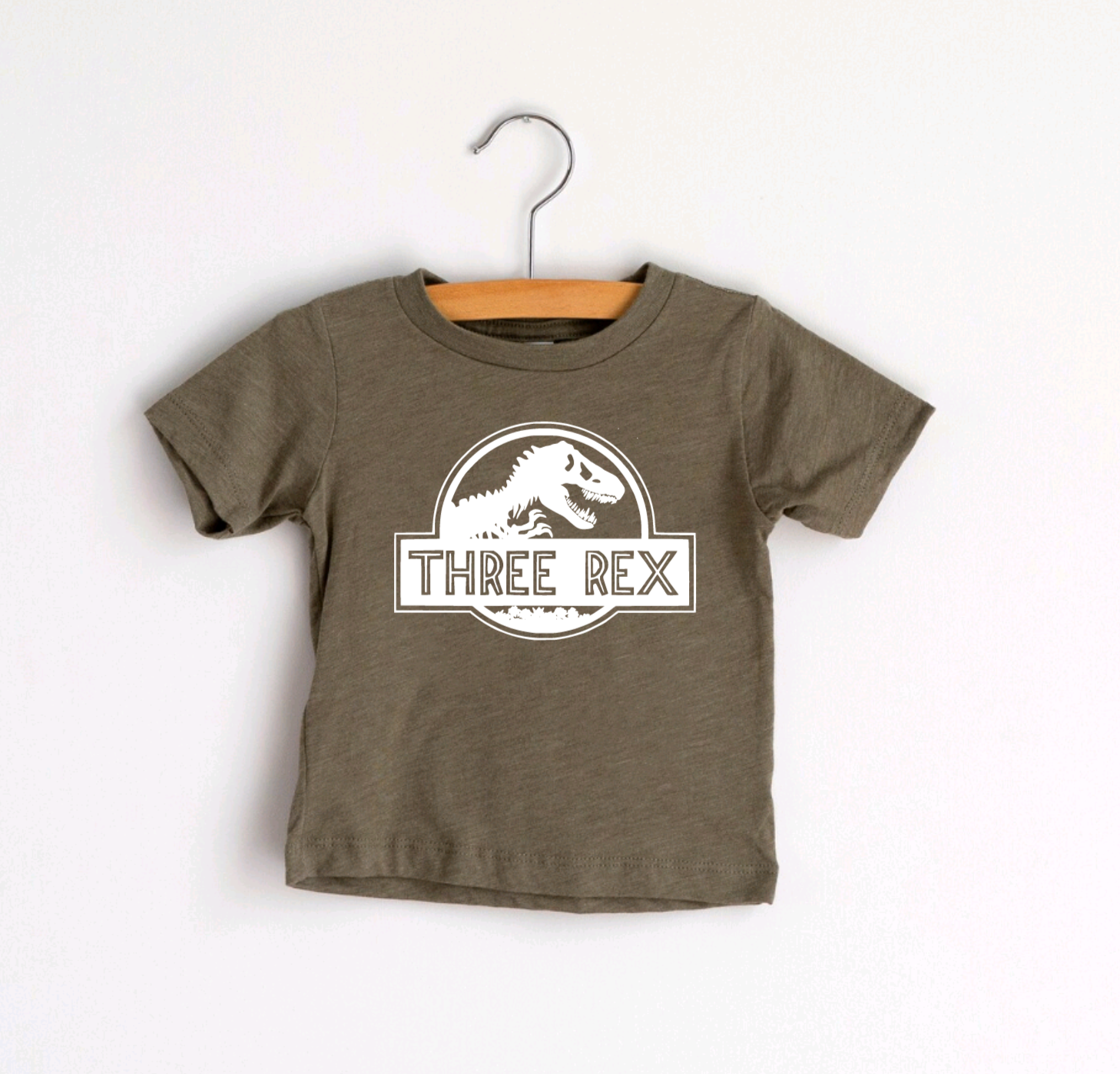 Three Rex Dinosaur Birthday Olive Green Tee