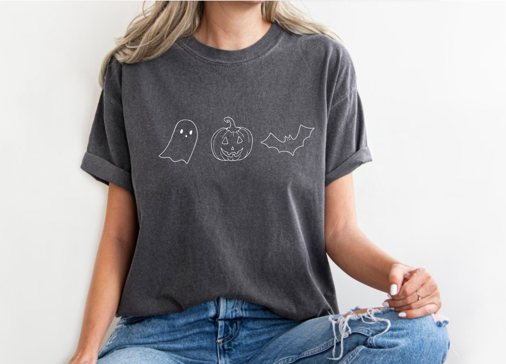 Comfy Simple Grey Halloween Ghost Pumpkin and Bat Comfort Colors Shirt