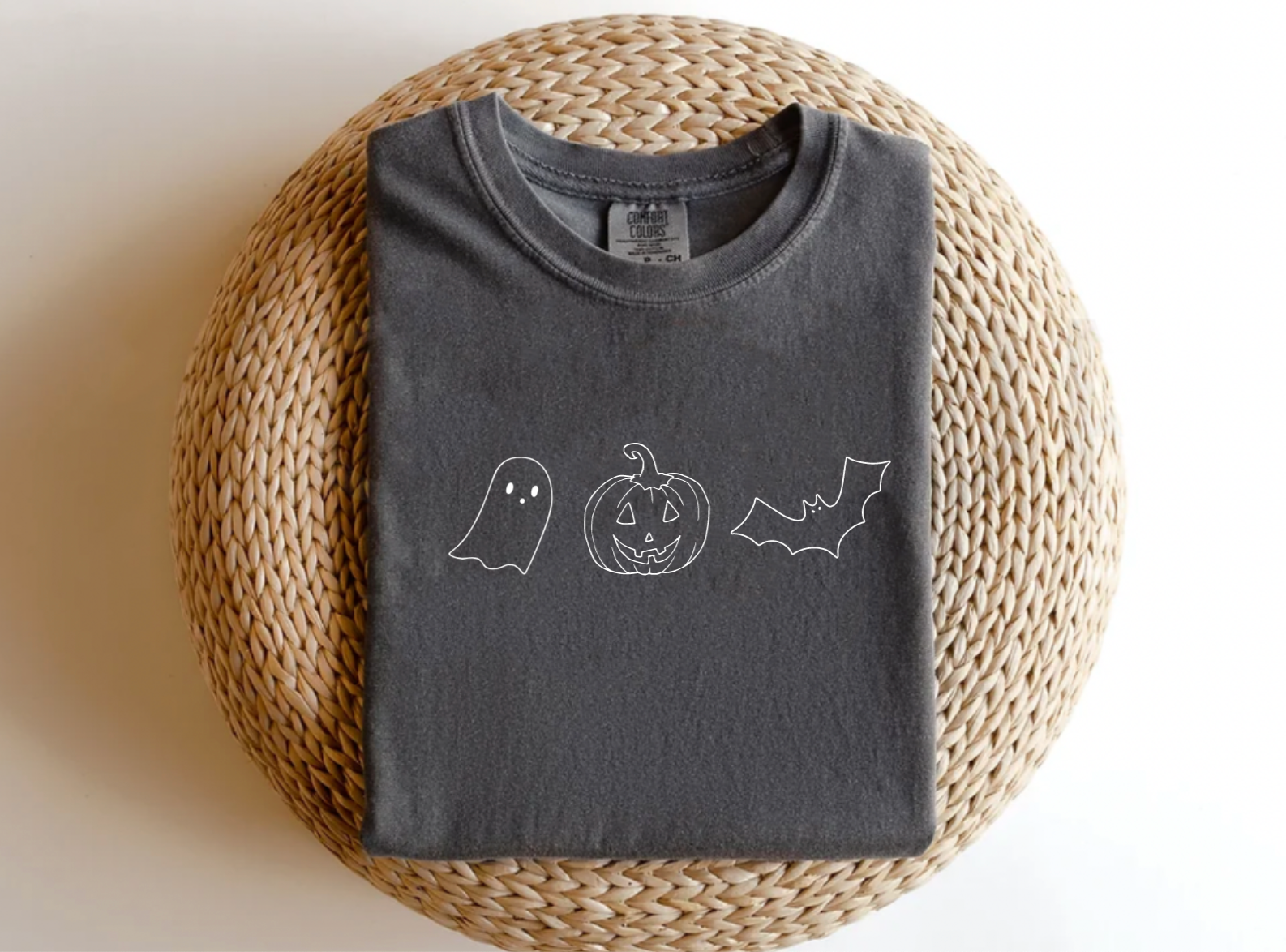 Comfy Simple Grey Halloween Ghost Pumpkin and Bat Comfort Colors Shirt