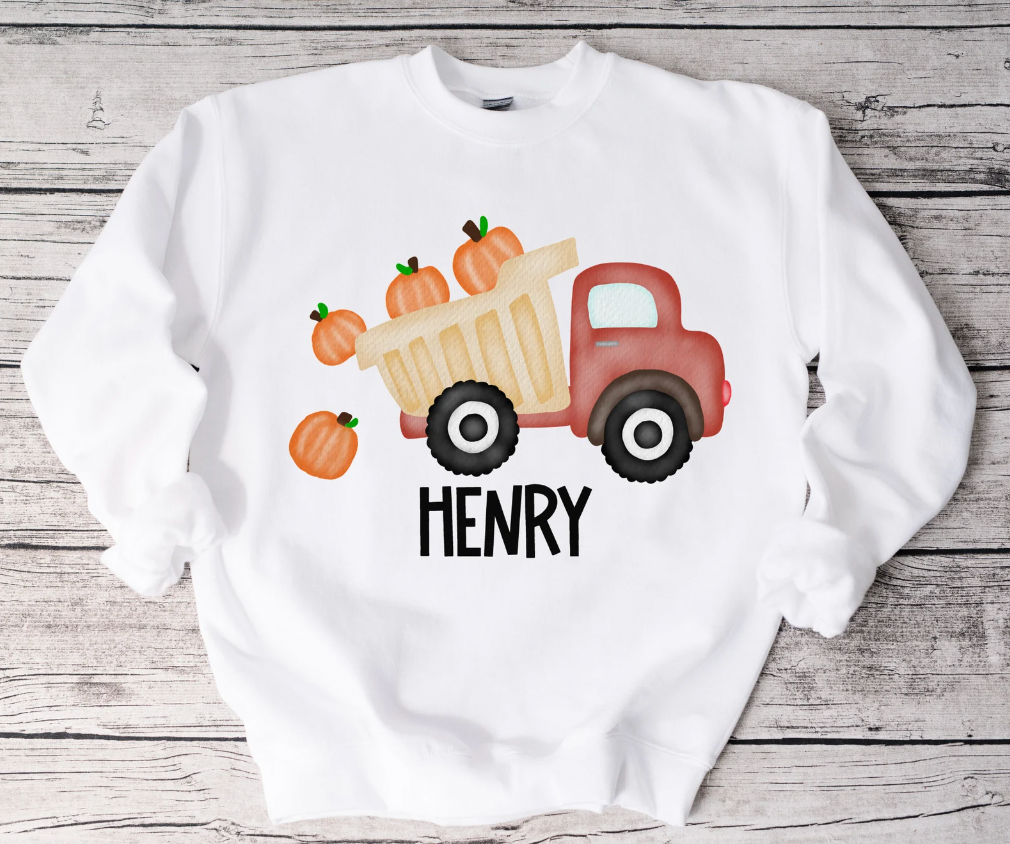 Personalized Fall Pumpkin Dump Truck White Crewneck for Toddlers