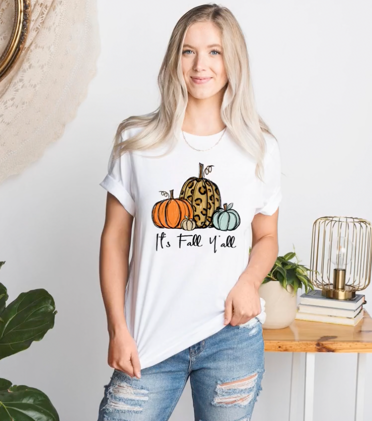 It's Fall Y'all Leopard Pumpkin White Shirt