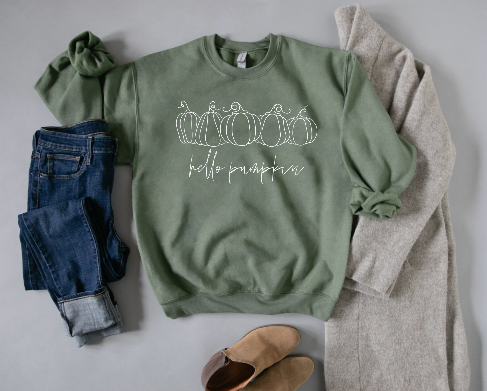 Hello Pumpkin Olive Green Fall Crewneck