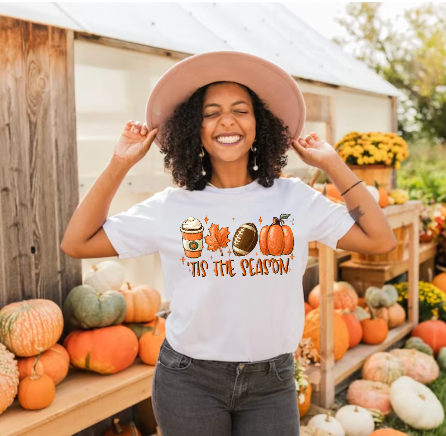 Tis the Season Fall Coffee Football Pumpkin White Shirt