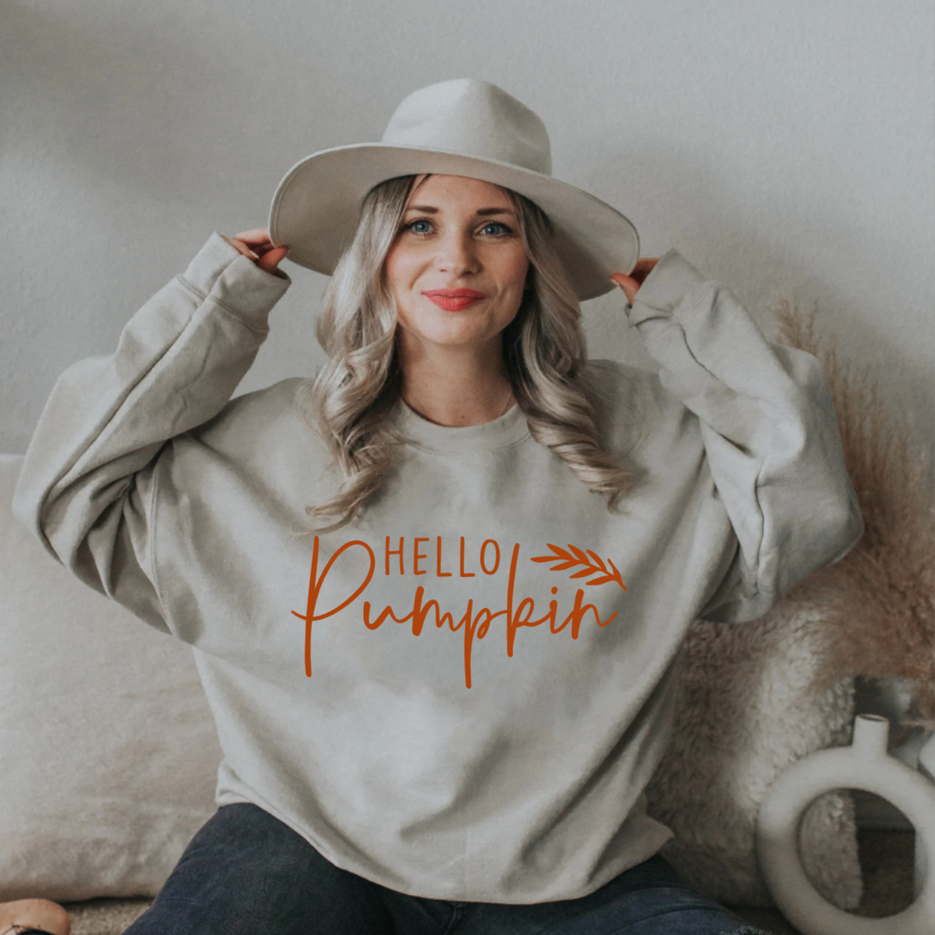 Hello Pumpkin Fall Tan Crewneck