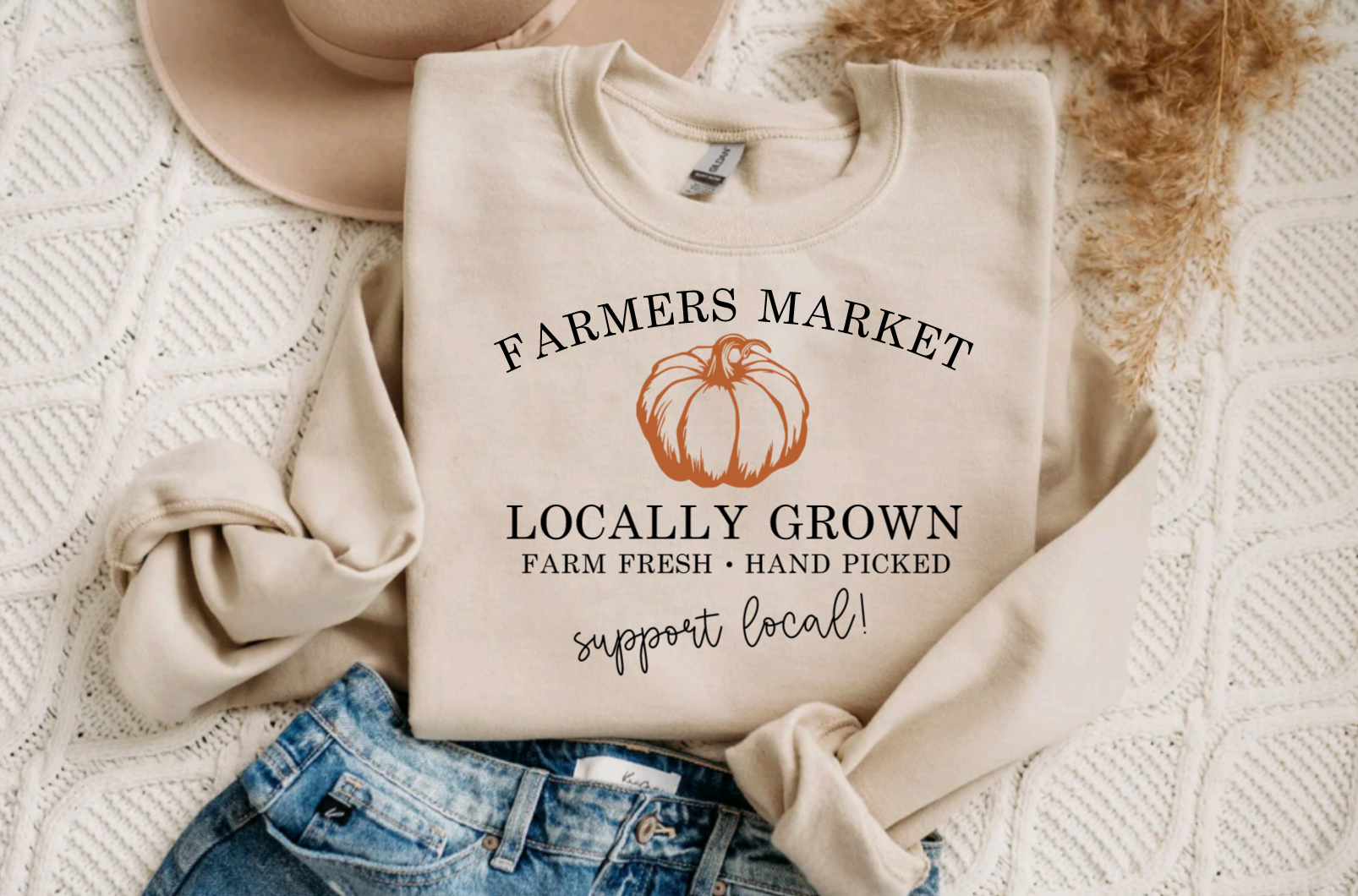 Farmers Market Locally Grown Pumpkin Fall Tan Crewneck