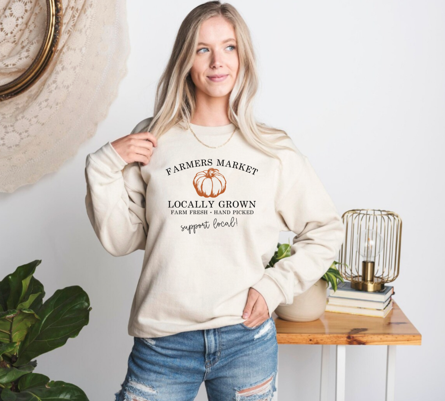 Farmers Market Locally Grown Pumpkin Fall Tan Crewneck
