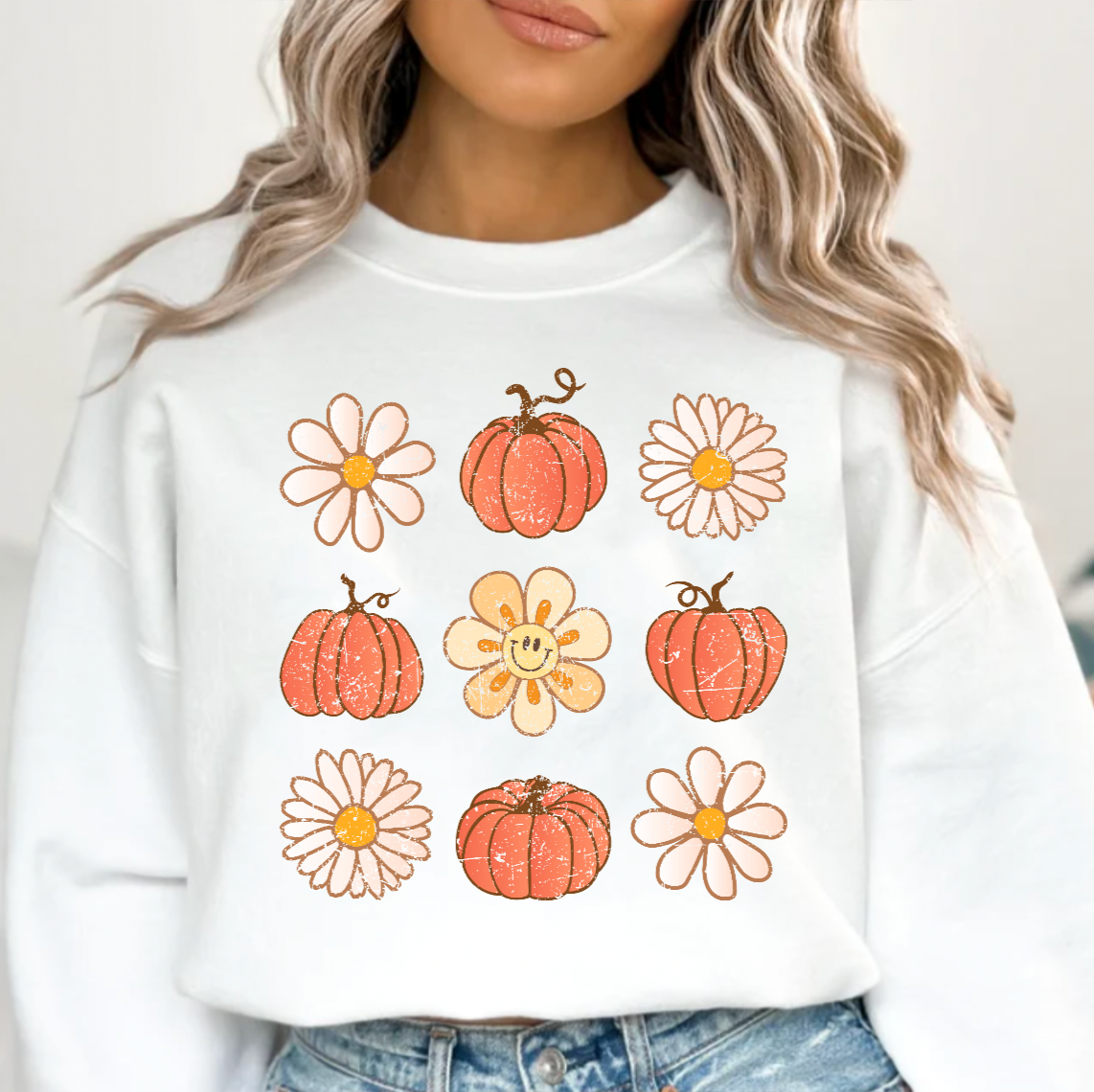 Retro Fall Pumpkin and Daisy White Crewneck