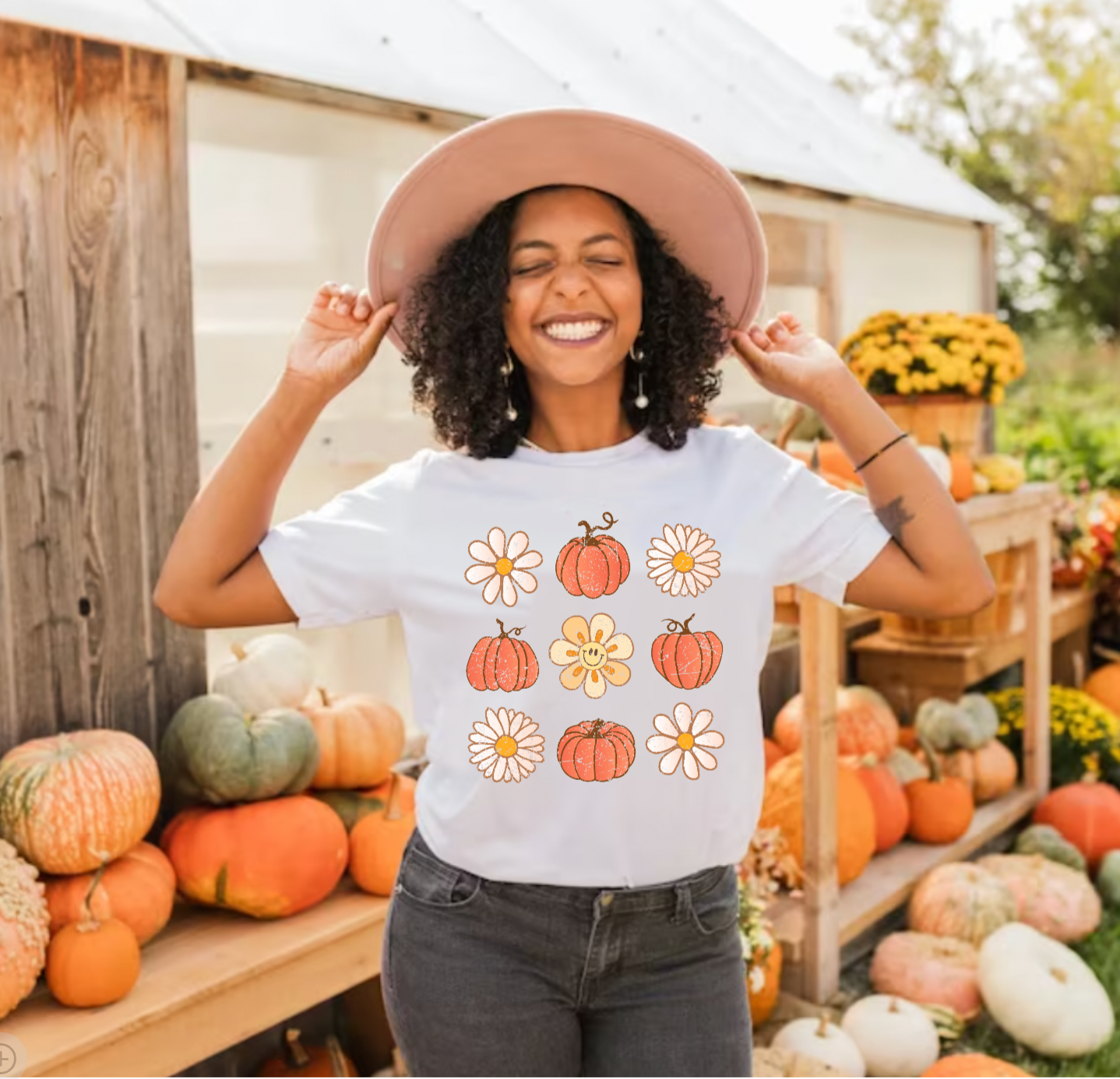Retro Fall Pumpkin and Daisy White Shirt