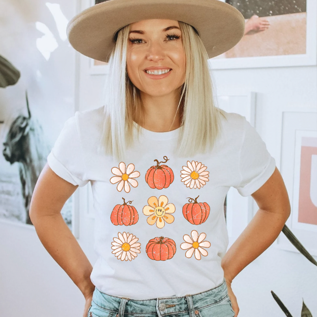 Retro Fall Pumpkin and Daisy White Shirt