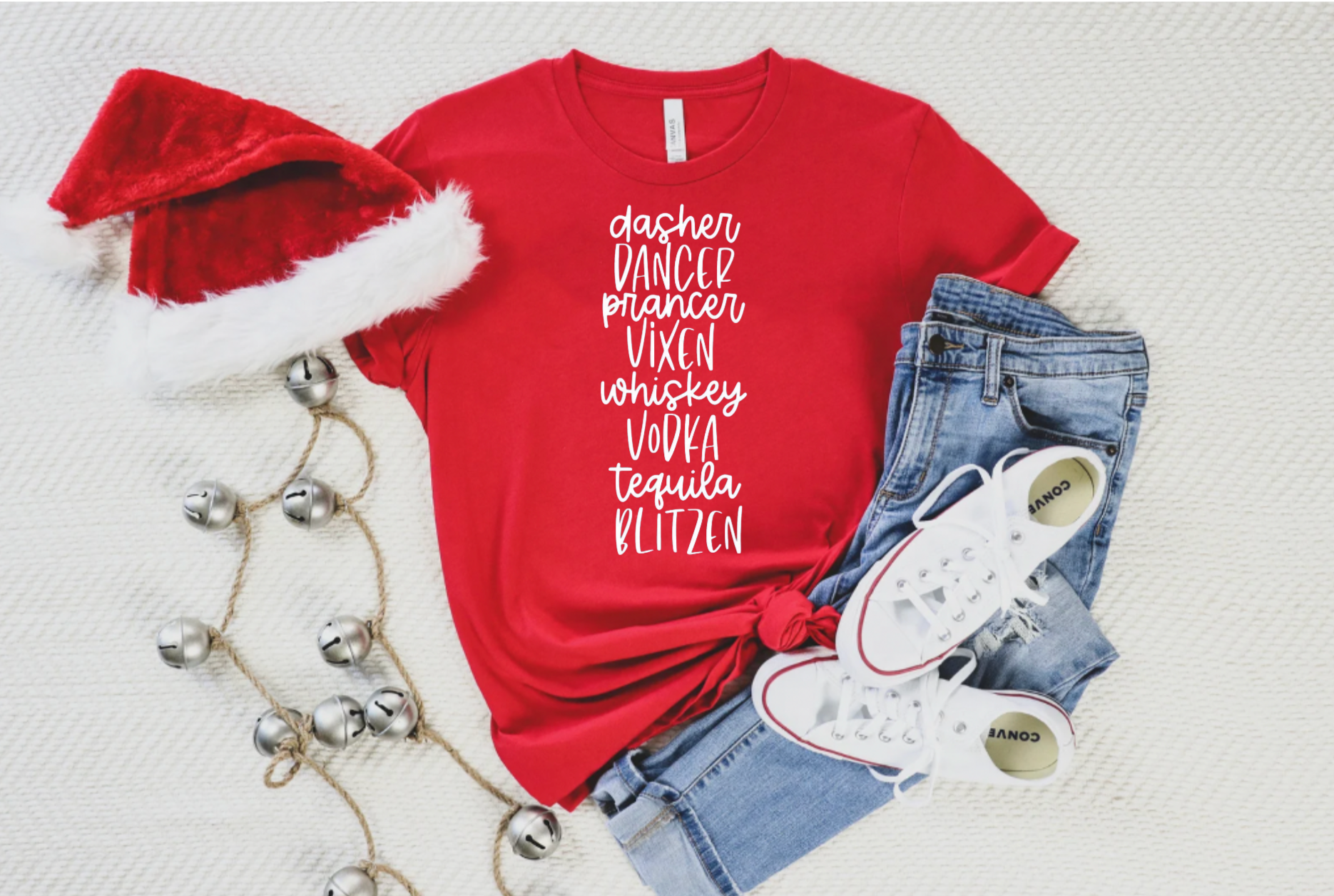 Dasher Dancer Prancer Vixen Whiskey Vodka Tequila Blitzen Red Christmas Tee