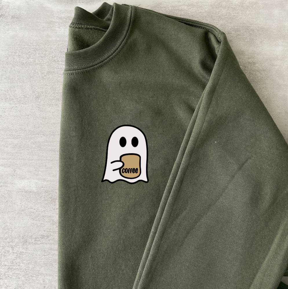 Olive Green Halloween Coffee Ghost Crewneck