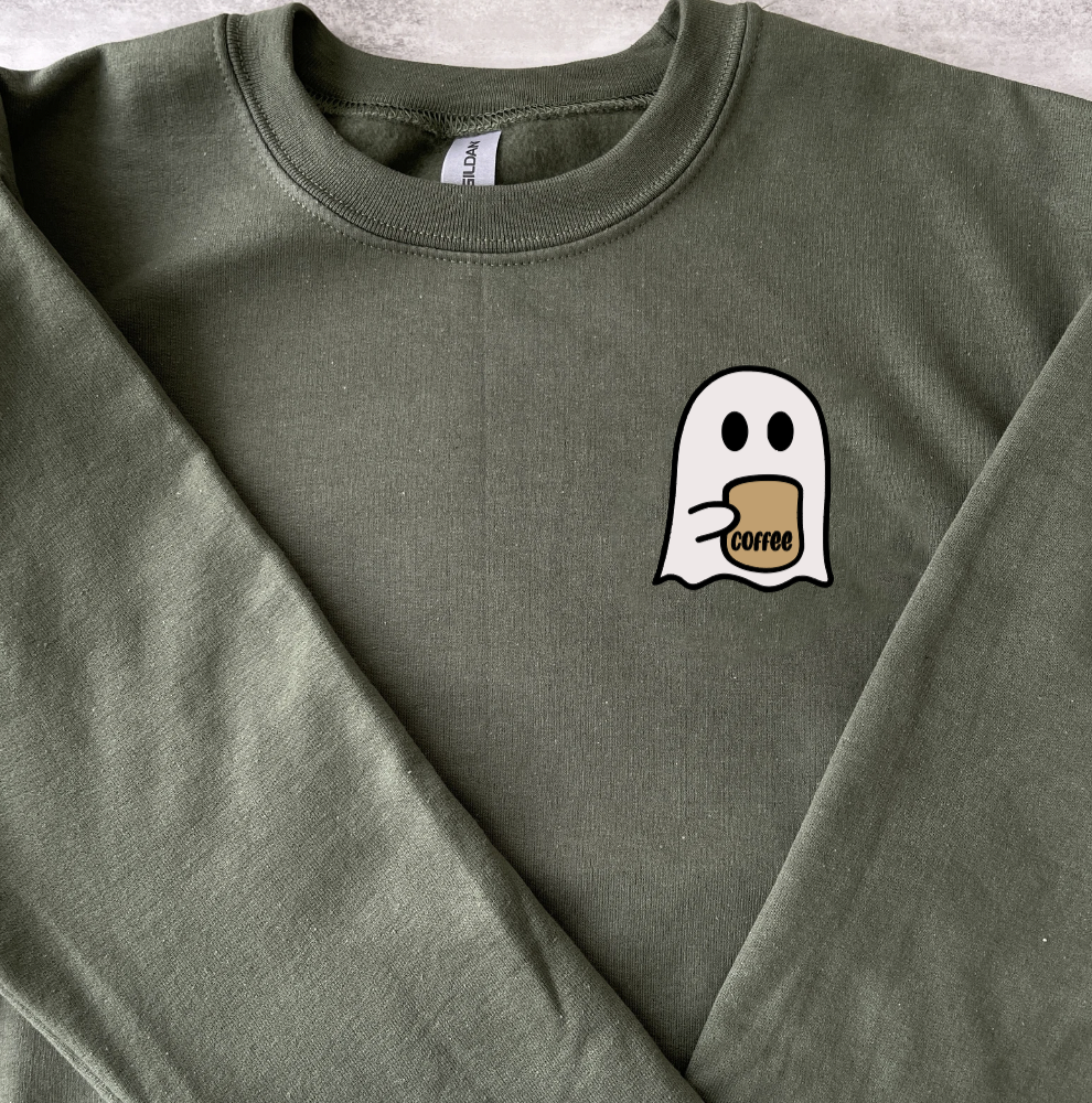 Olive Green Halloween Coffee Ghost Crewneck