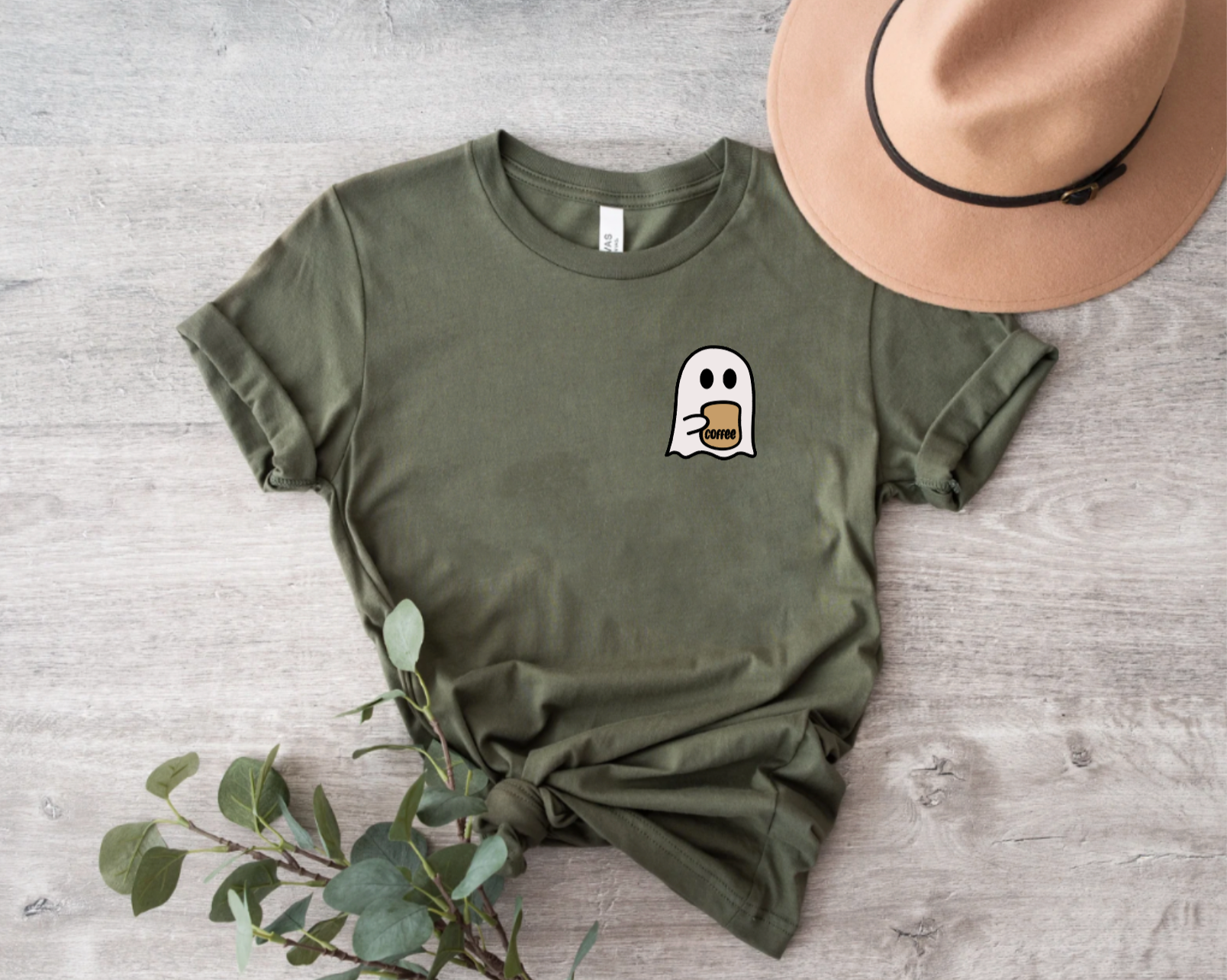 Halloween Coffee Ghost Olive Green Shirt