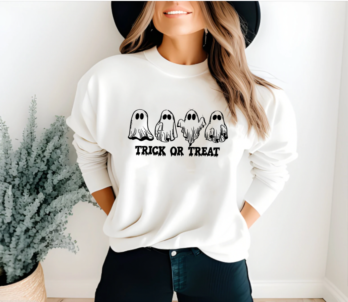 Halloween Trick or Treat Ghost White Crewneck