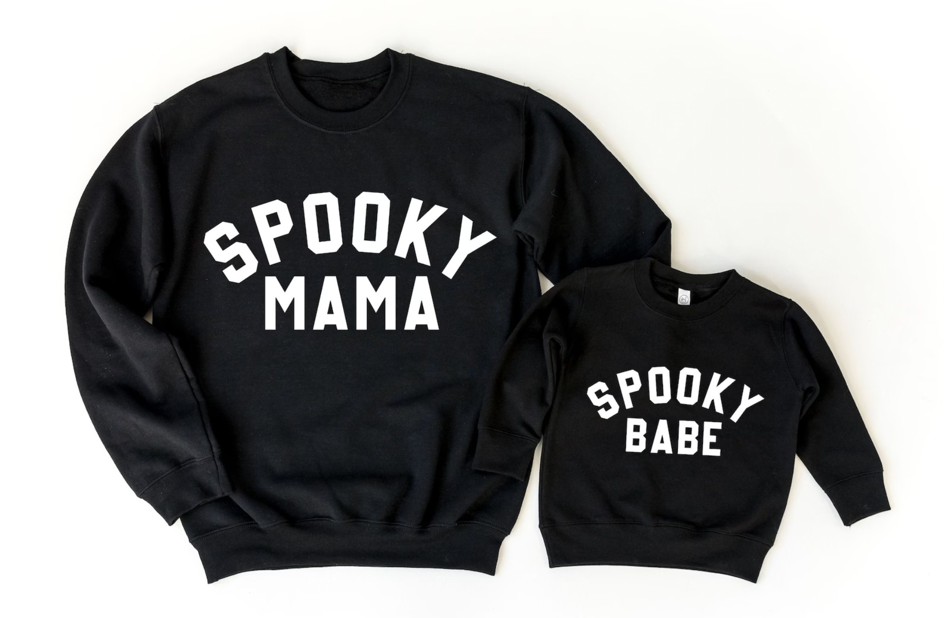 Spooky Mama Spooky Babe Mommy and Me Matching Black Halloween Crewnecks for Toddlers and Kids