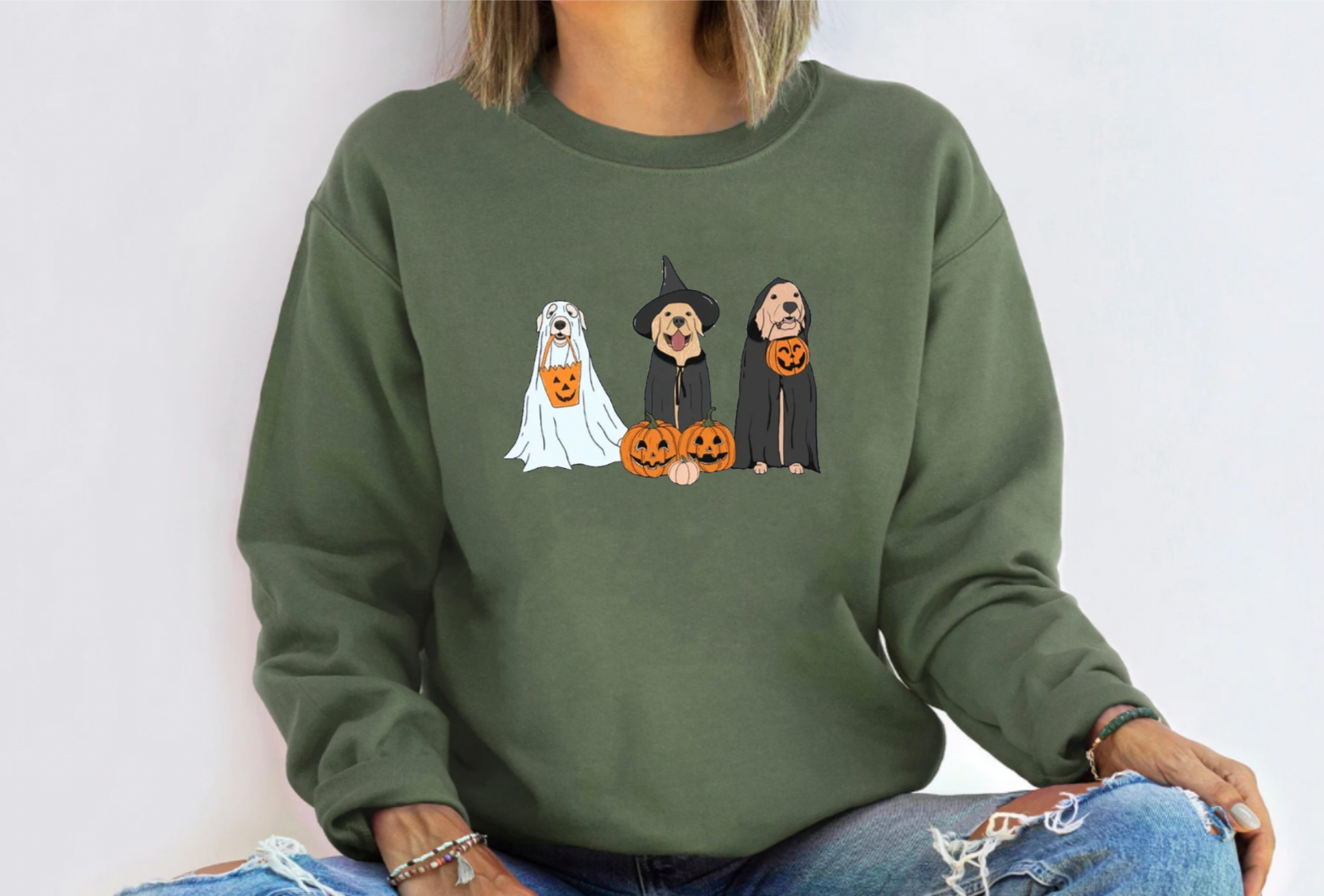 Golden Retriever Halloween Olive Green Crewneck
