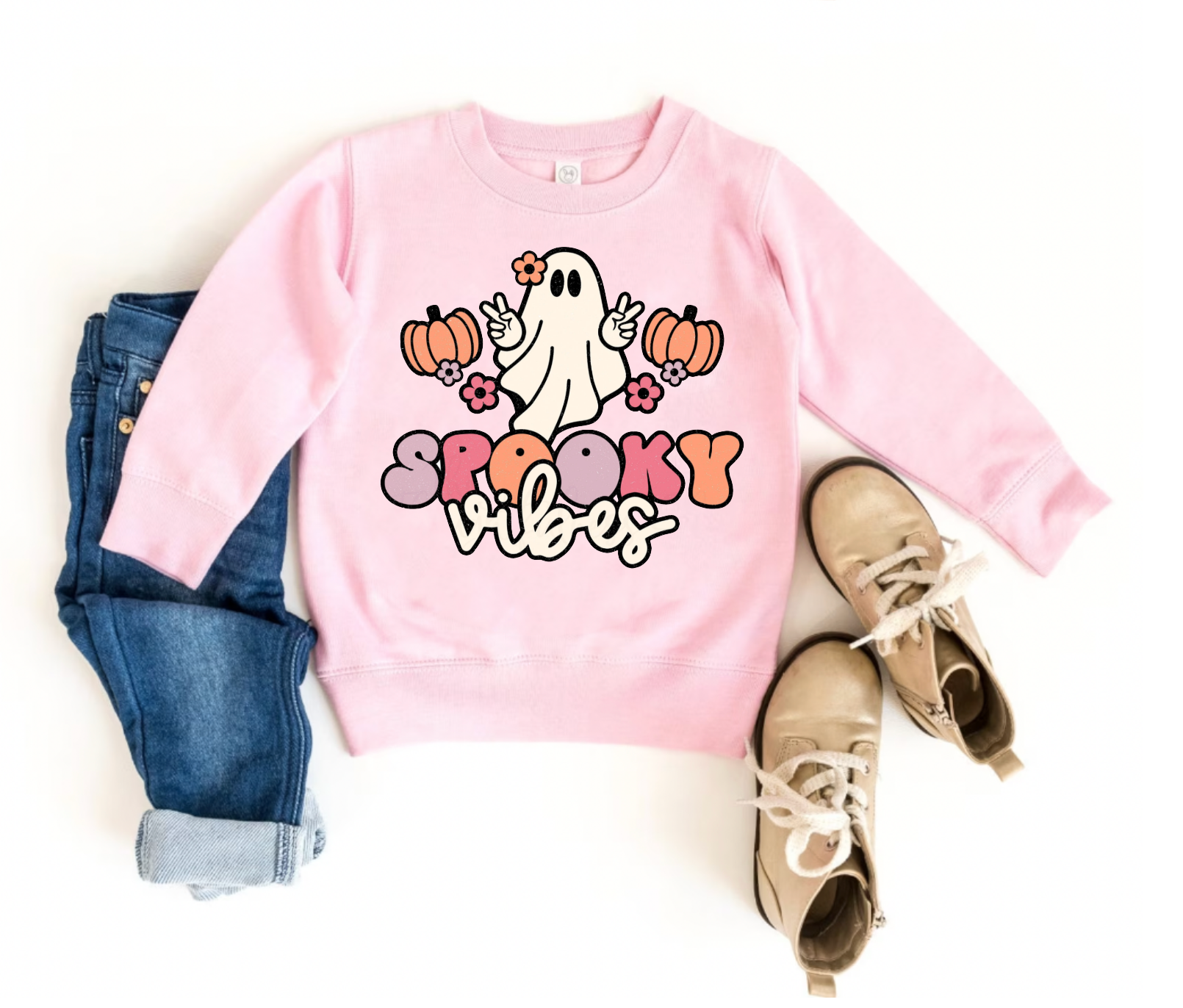 Spooky Vibes Pink Halloween Crewneck for Toddlers