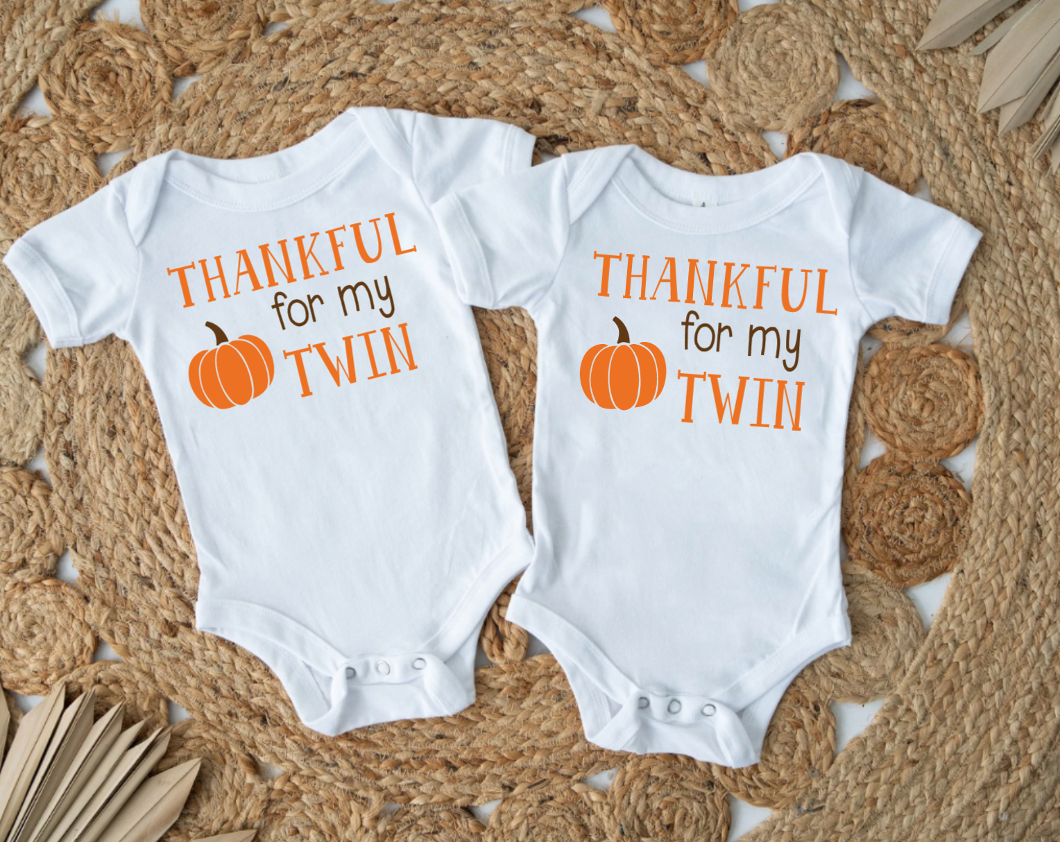 Thankful For My Twin Matching Fall White Short Sleeve Bodysuits