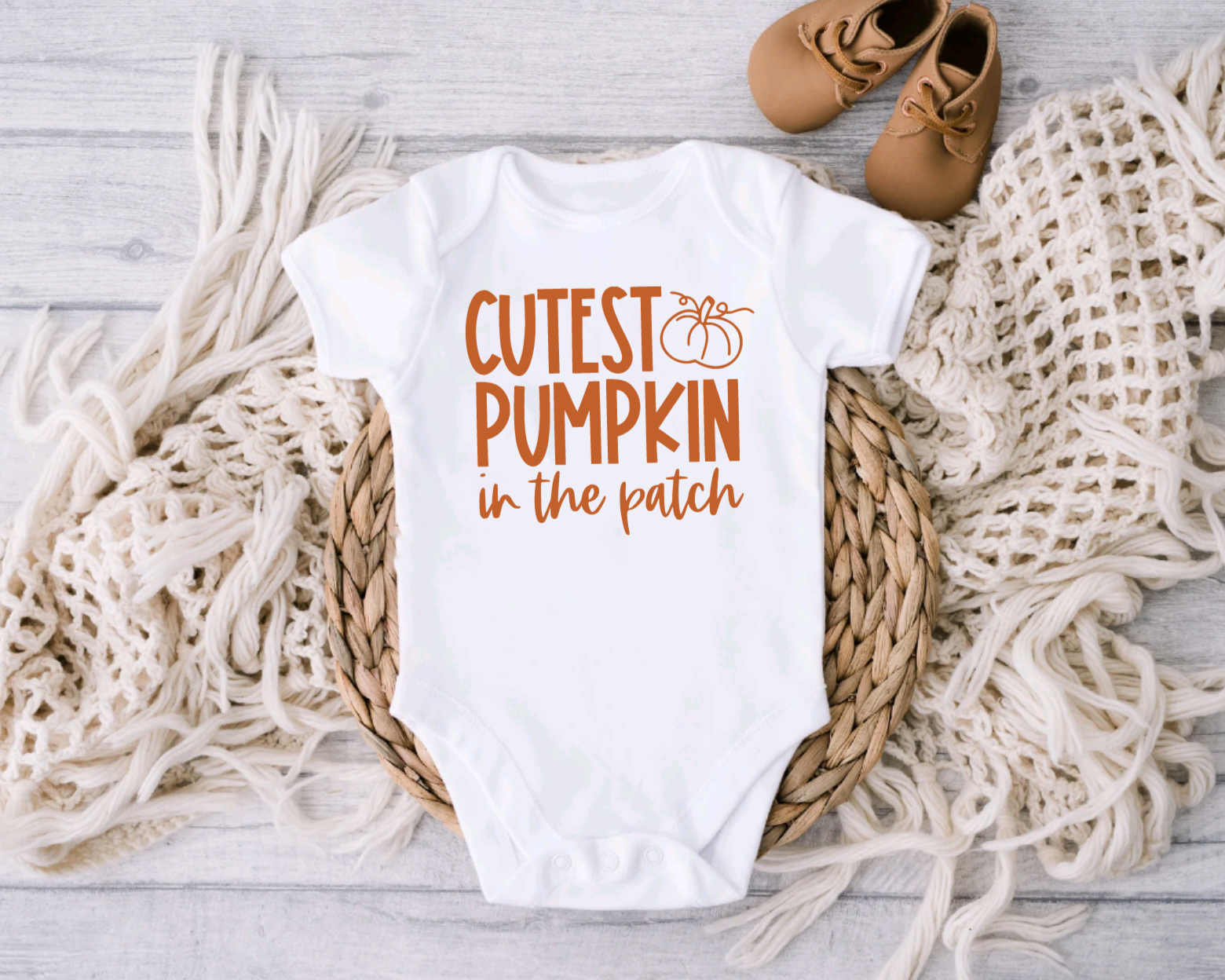 Cutest Pumpkin In the Patch White and Burnt Orange Short Sleeve Bodysuit for Babies