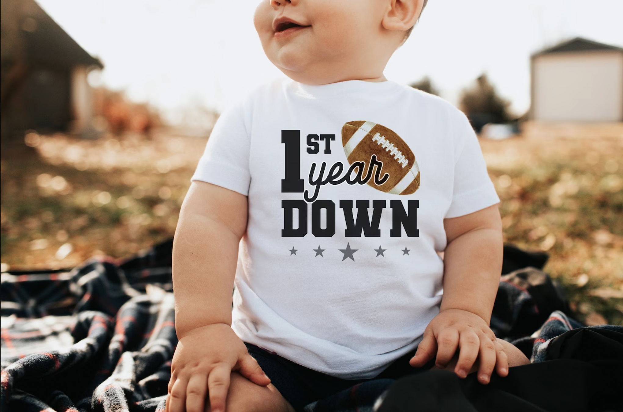First Birthday First Year Down Football White Bodysuit or Shirt for Babies