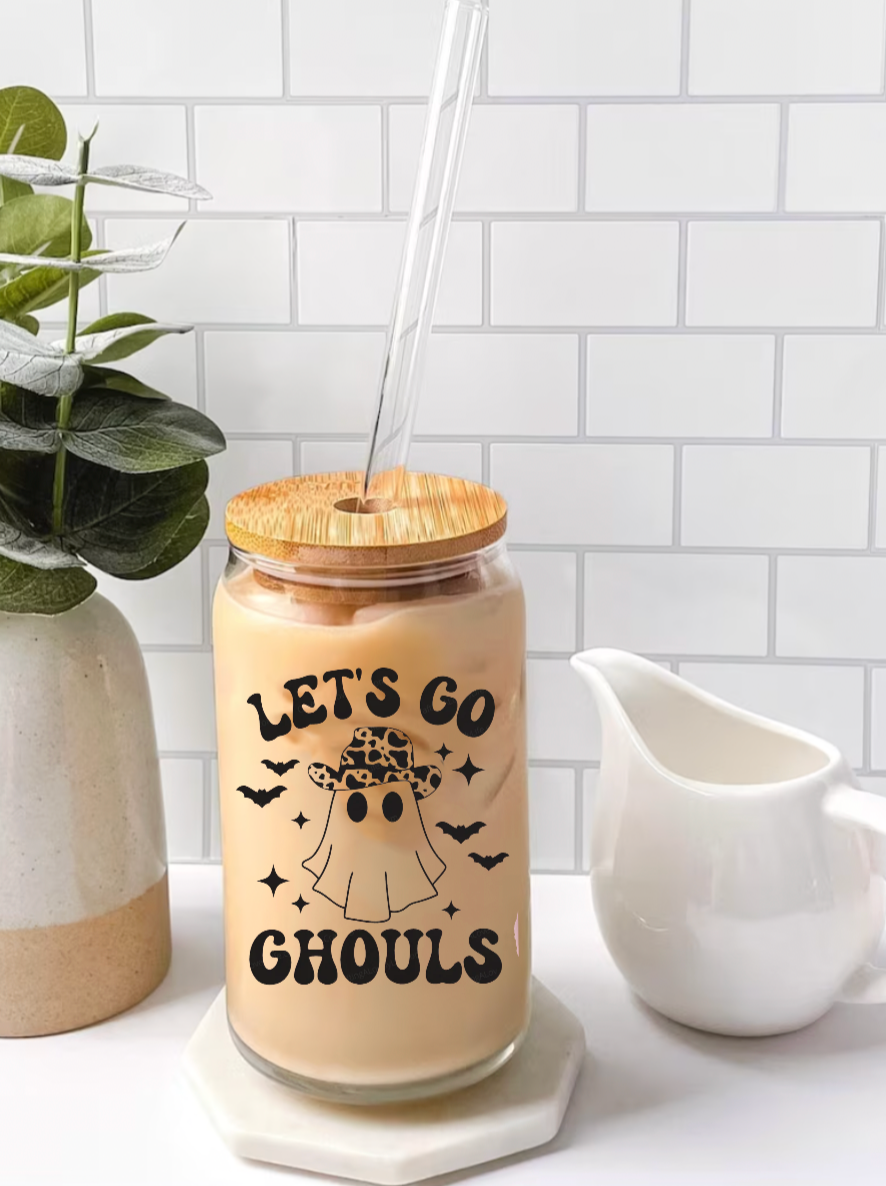 Lets Go Ghouls Ghost Halloween Glass Iced Coffee Cup With Bamboo Lid & Glass Straw