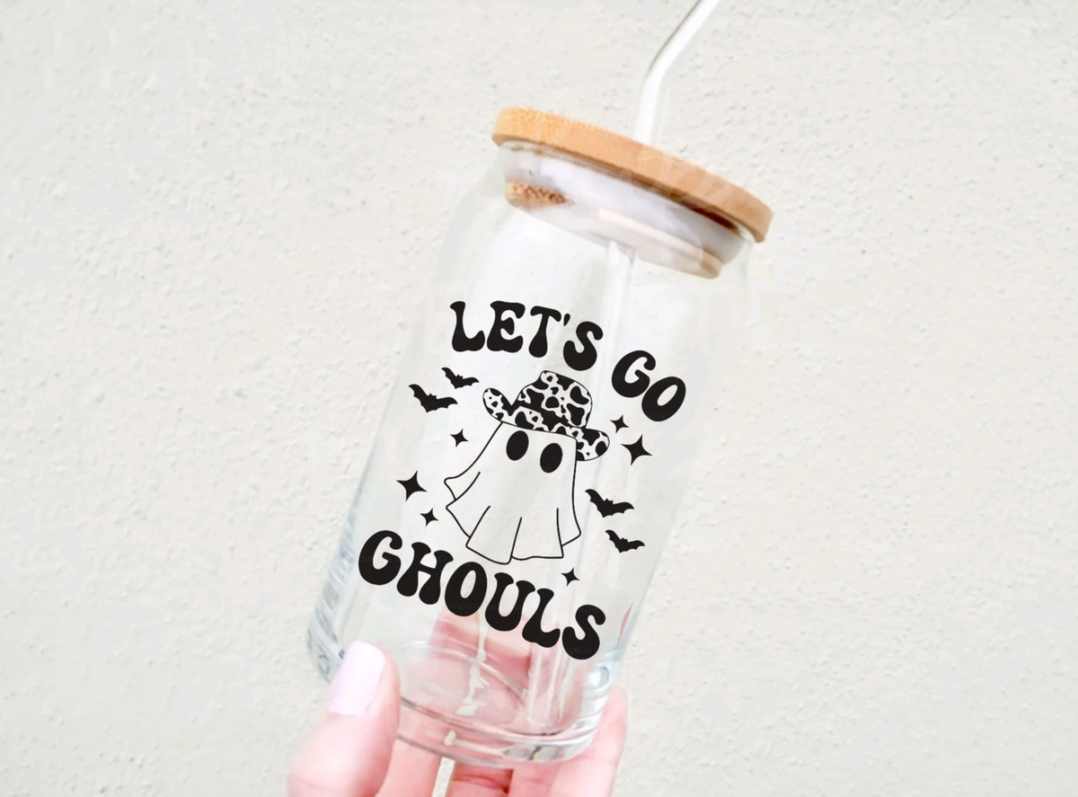 Pink Ghost Halloween Glass Iced Coffee Cup With Bamboo Lid & Glass Str