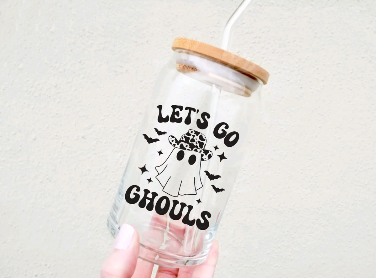 Pink Ghost Halloween Glass Iced Coffee Cup With Bamboo Lid & Glass